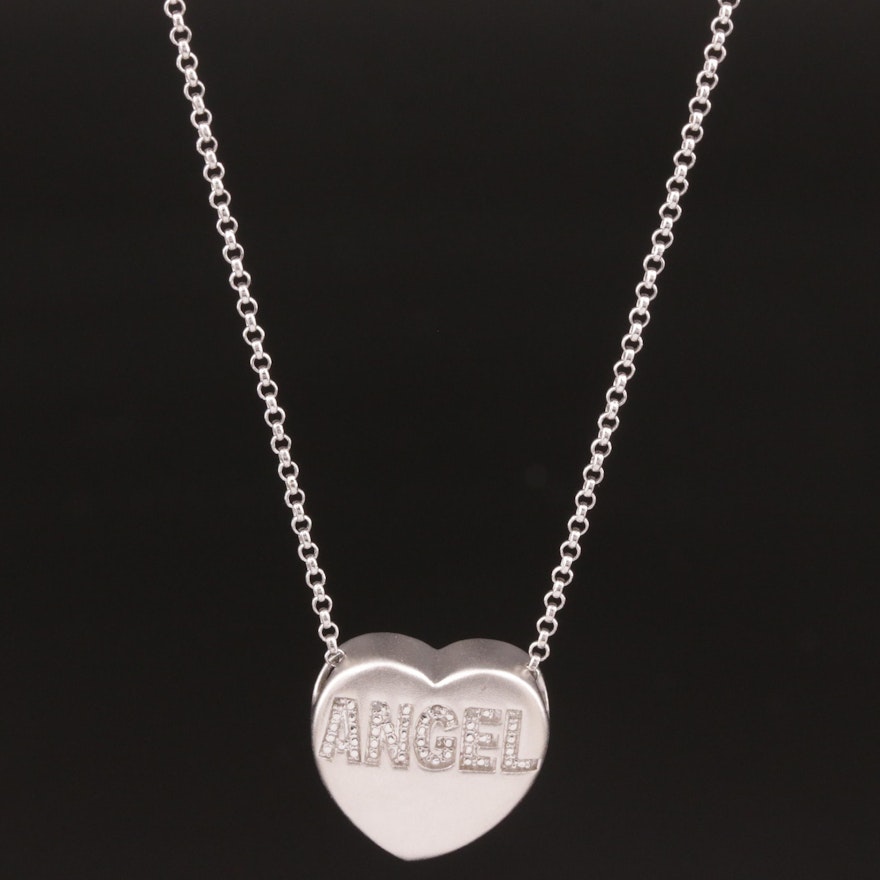 Sterling Silver Diamond "ANGEL" Heart Pendant Necklace