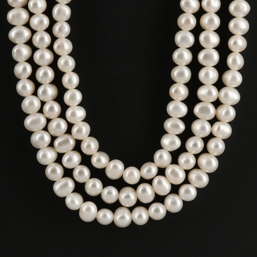 Triple Strand Cultured Pearl Necklace With 14K Clasp