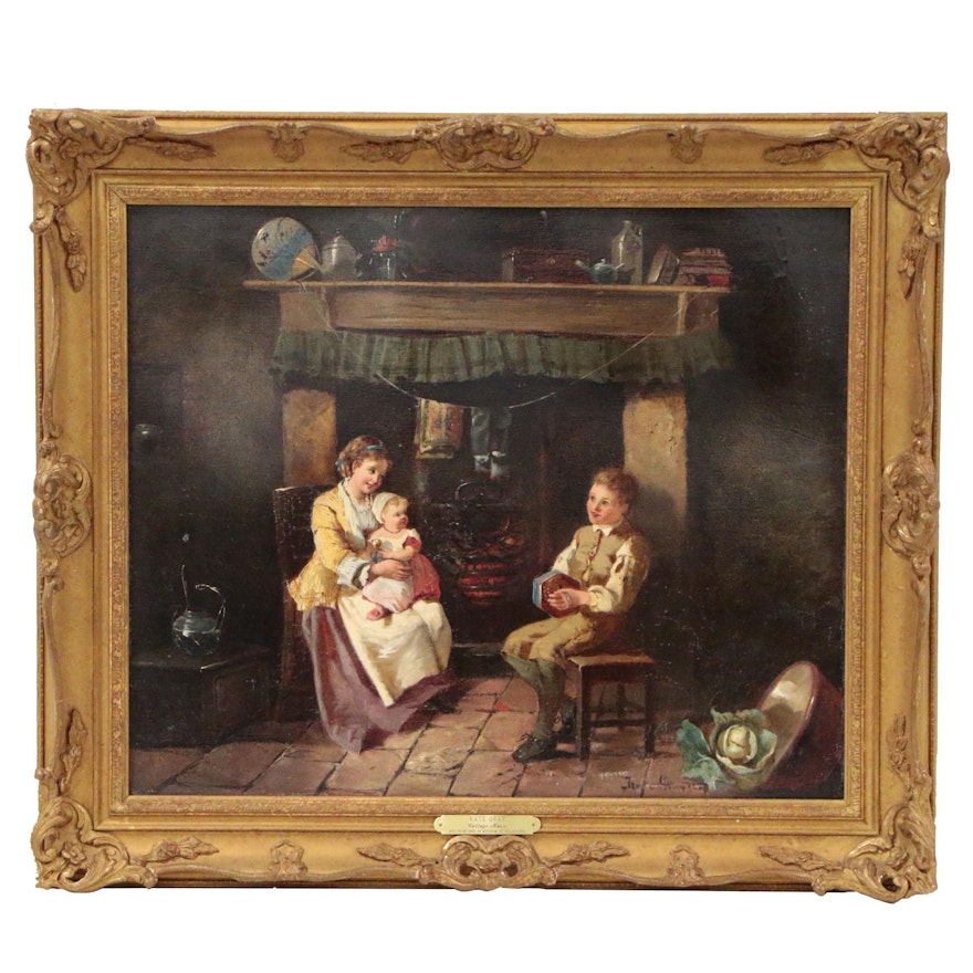 Kate Gray Genre Scene Oil Painting of Figures Sitting by Hearth