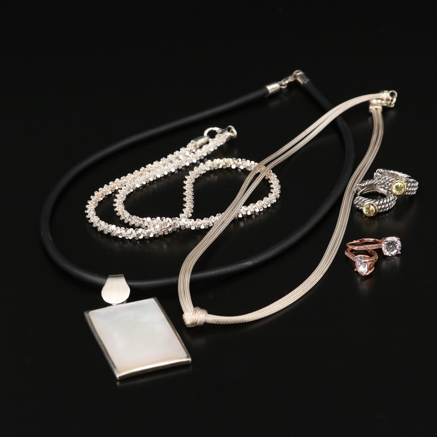 Sterling Silver Necklaces and Earrings with Mother of Pearl and Cubic Zirconia