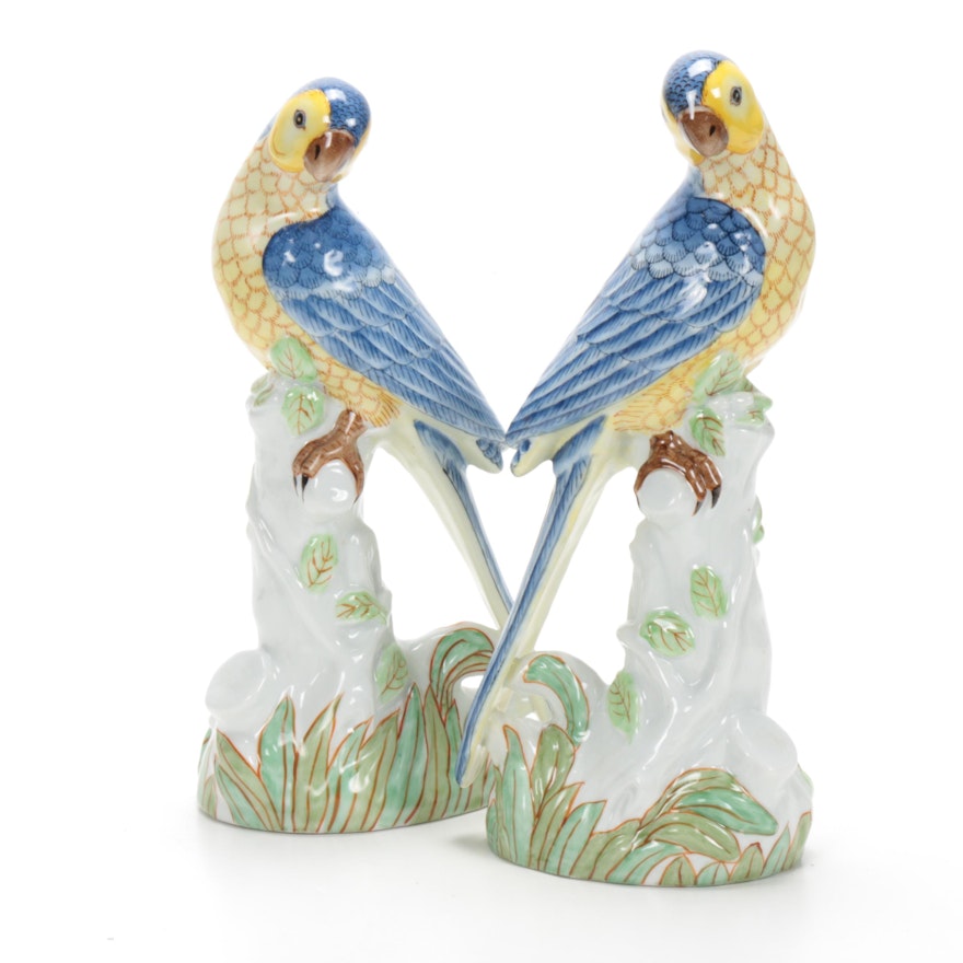 Gumps Hand-Painted Porcelain Parrot Figurines