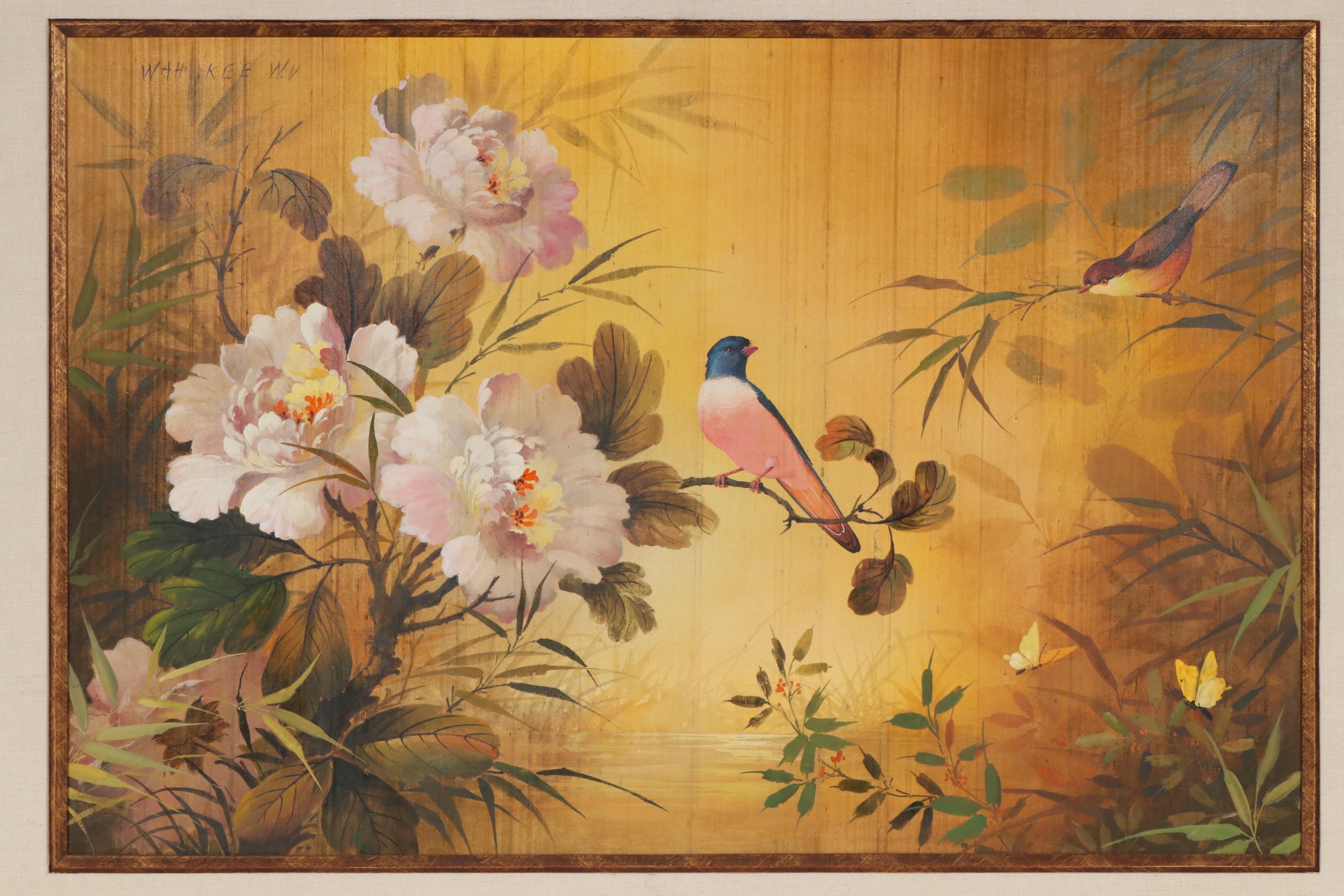 Wah Kee Wu Flowers and Songbirds Oil Painting on Silk, Mid-20th Century