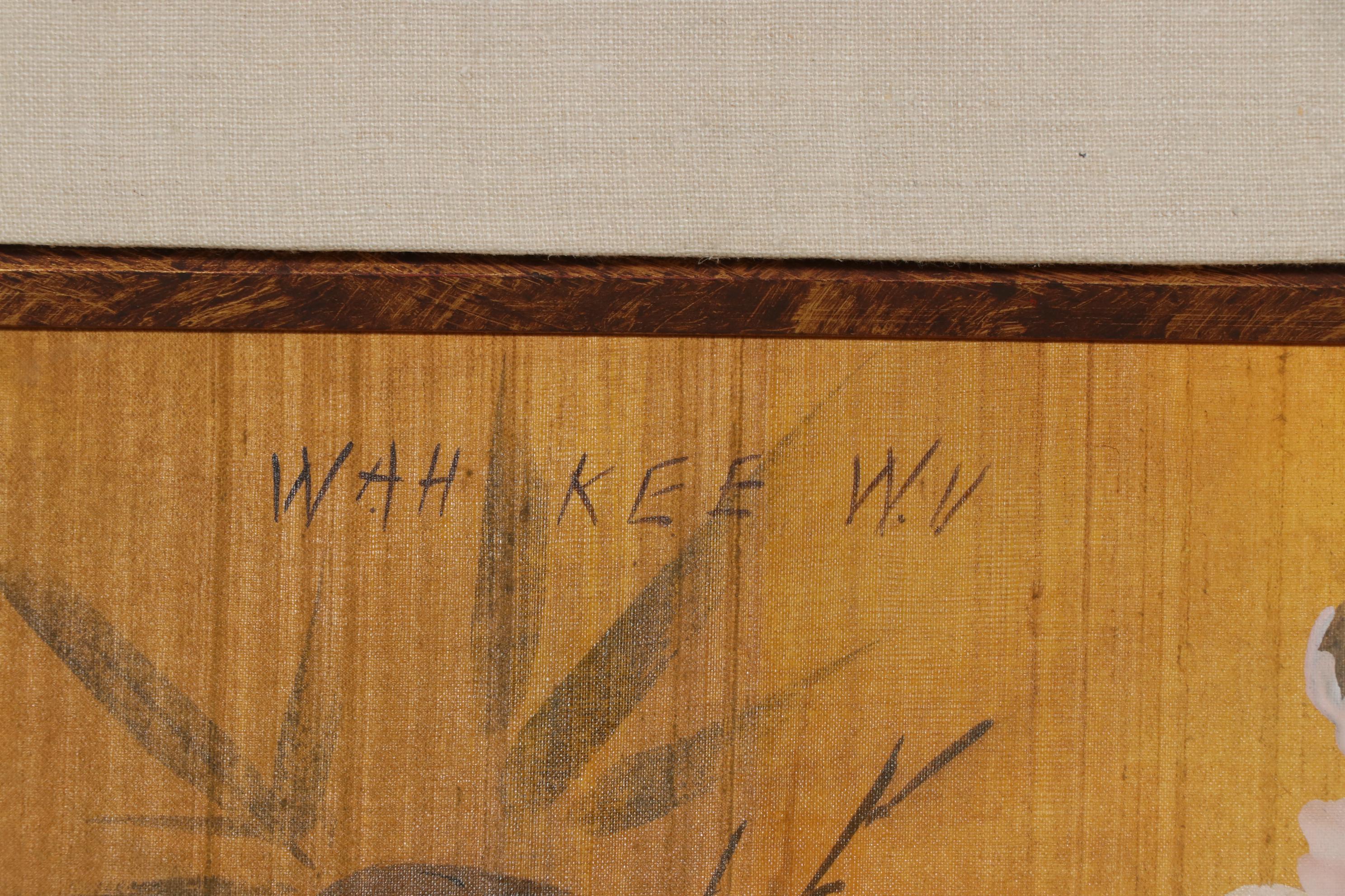 Wah Kee Wu Flowers and Songbirds Oil Painting on Silk, Mid-20th Century