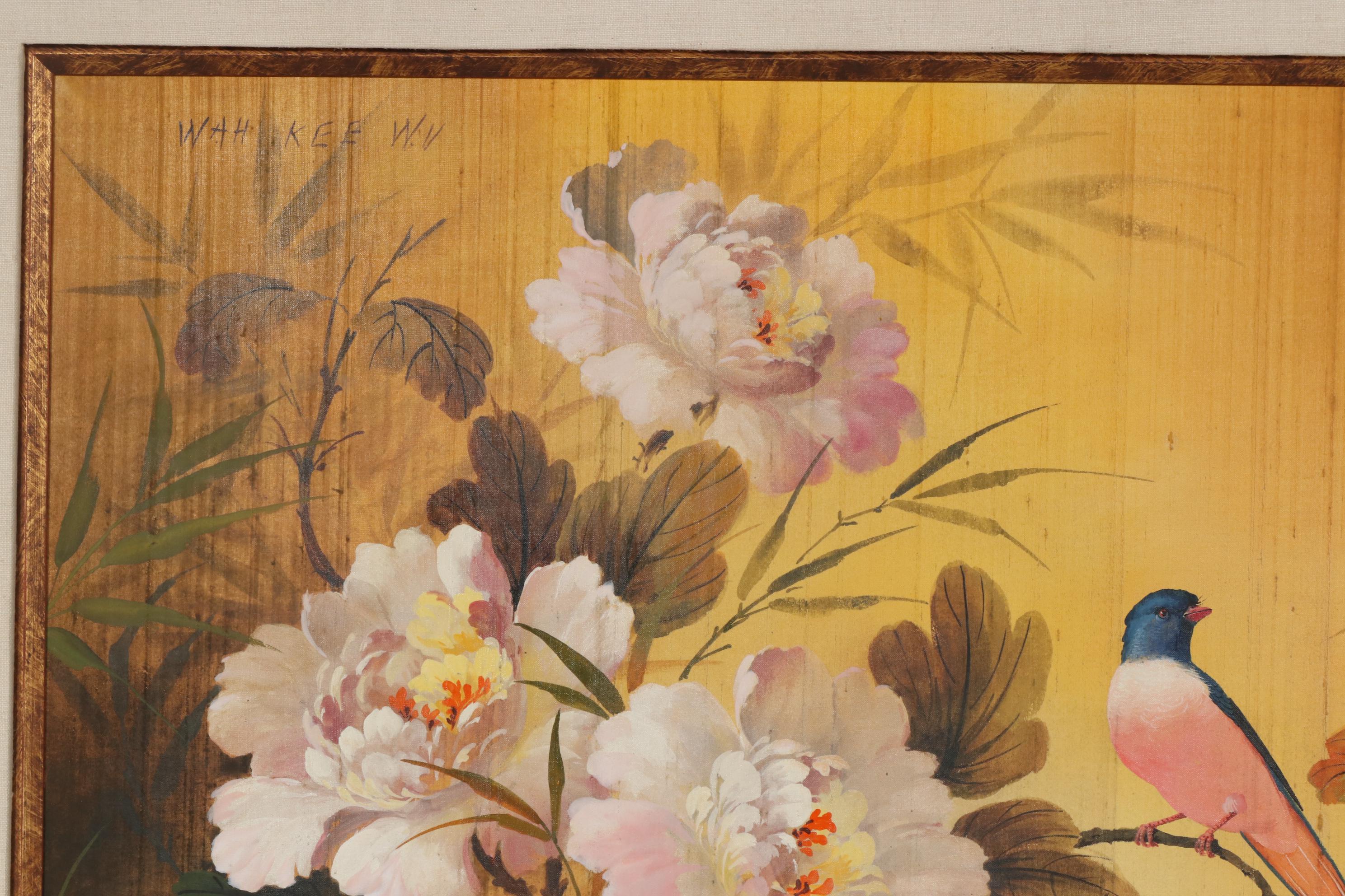 Wah Kee Wu Flowers and Songbirds Oil Painting on Silk, Mid-20th Century