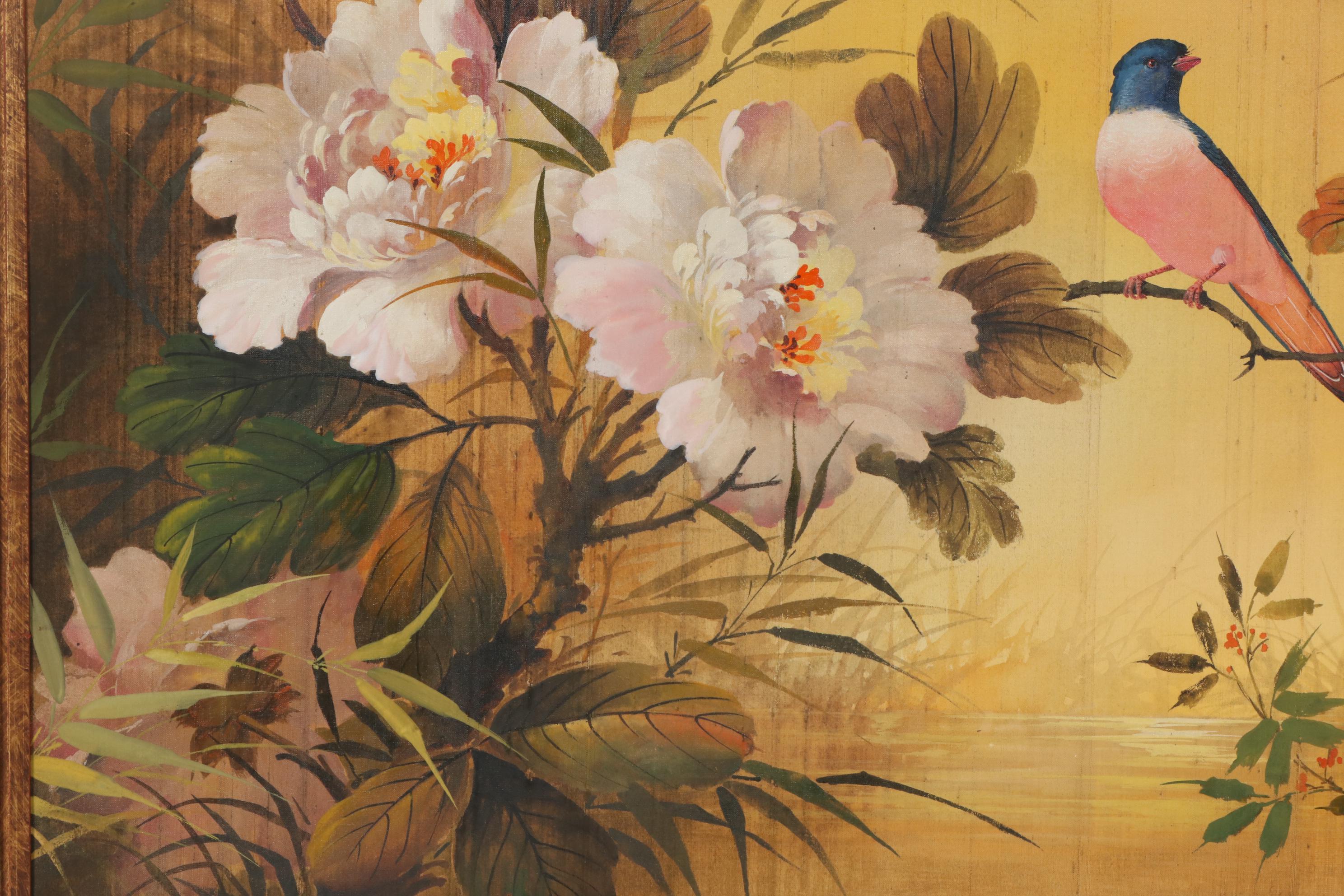 Wah Kee Wu Flowers and Songbirds Oil Painting on Silk, Mid-20th Century