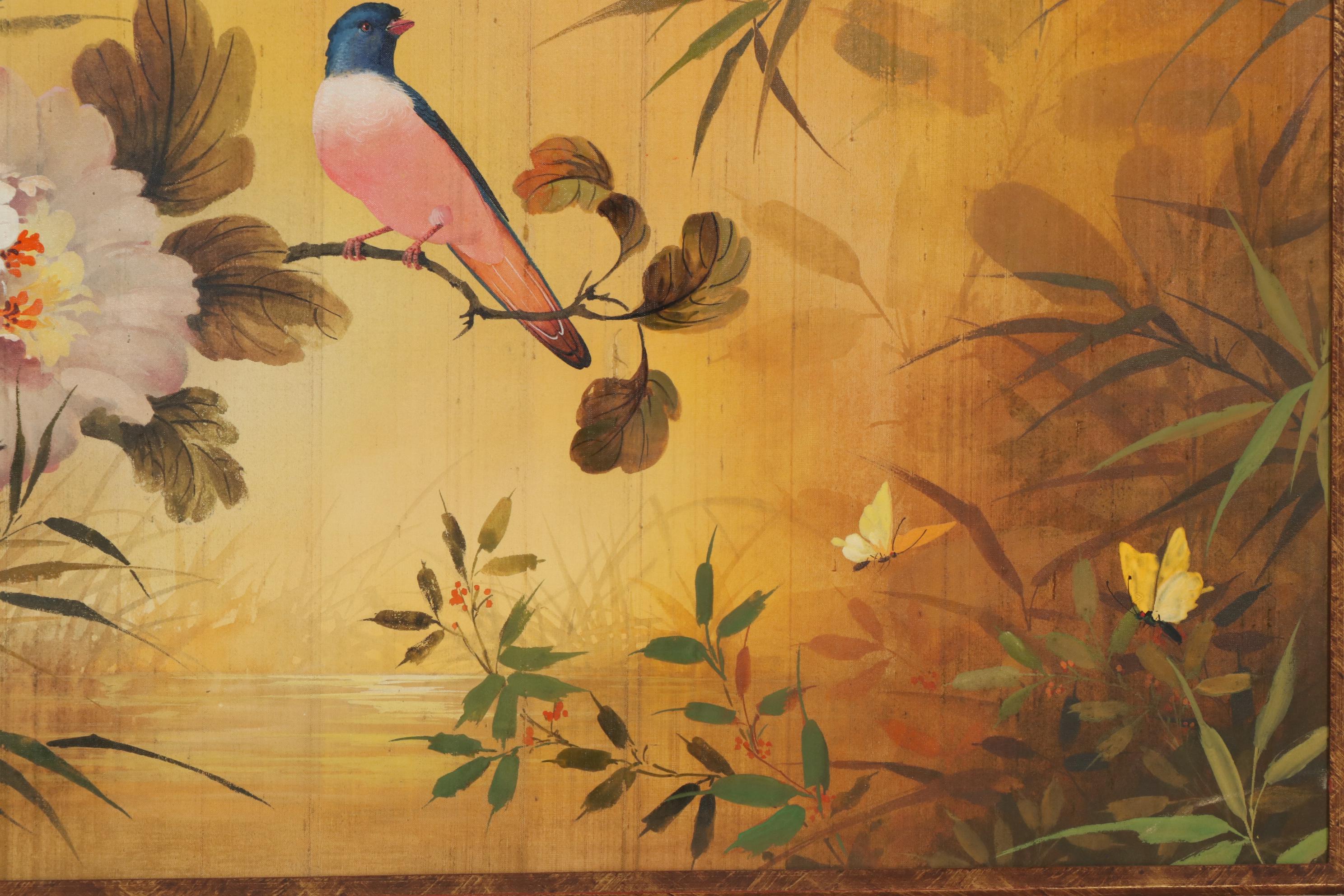 Wah Kee Wu Flowers and Songbirds Oil Painting on Silk, Mid-20th Century