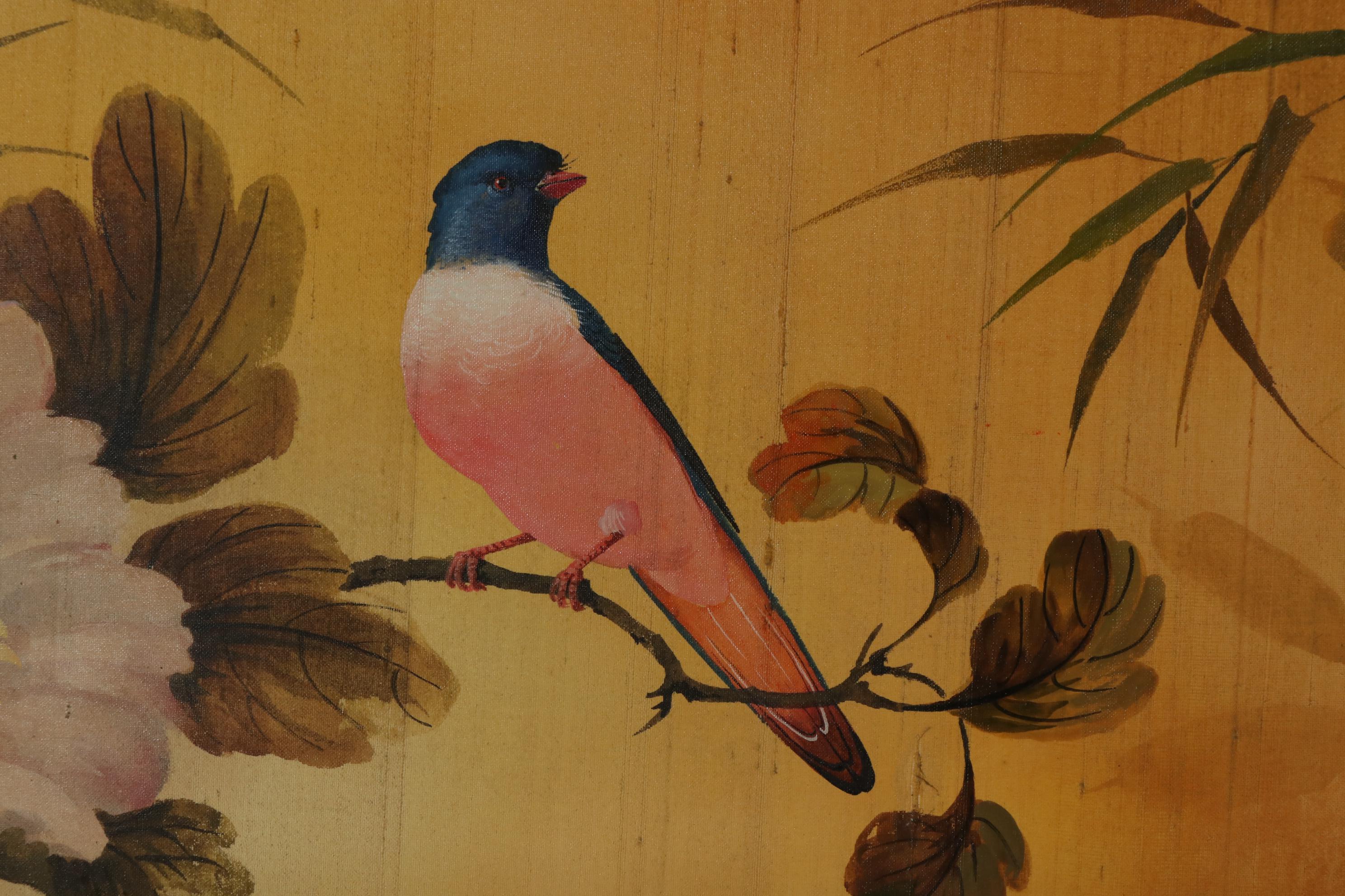 Wah Kee Wu Flowers and Songbirds Oil Painting on Silk, Mid-20th Century