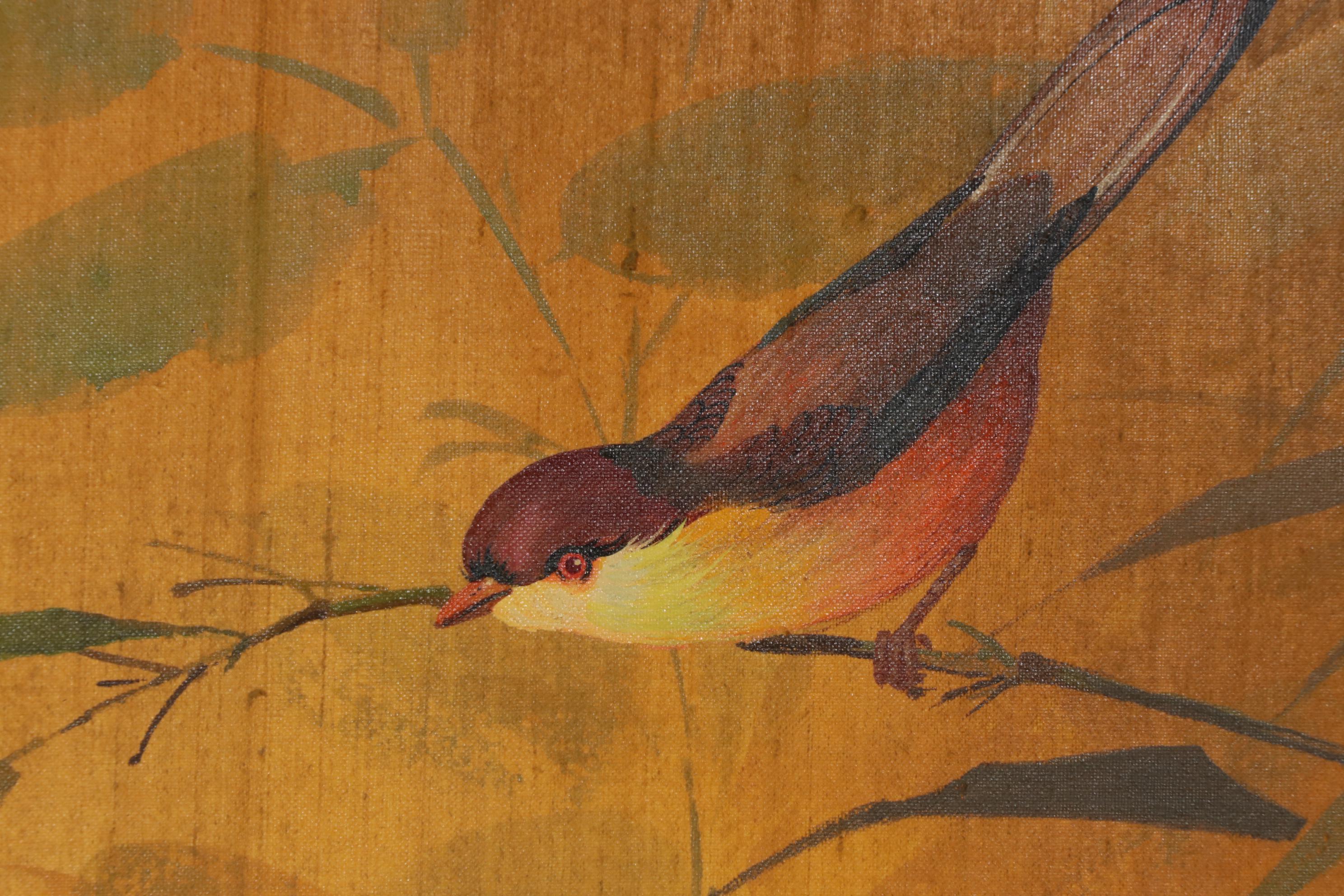 Wah Kee Wu Flowers and Songbirds Oil Painting on Silk, Mid-20th Century