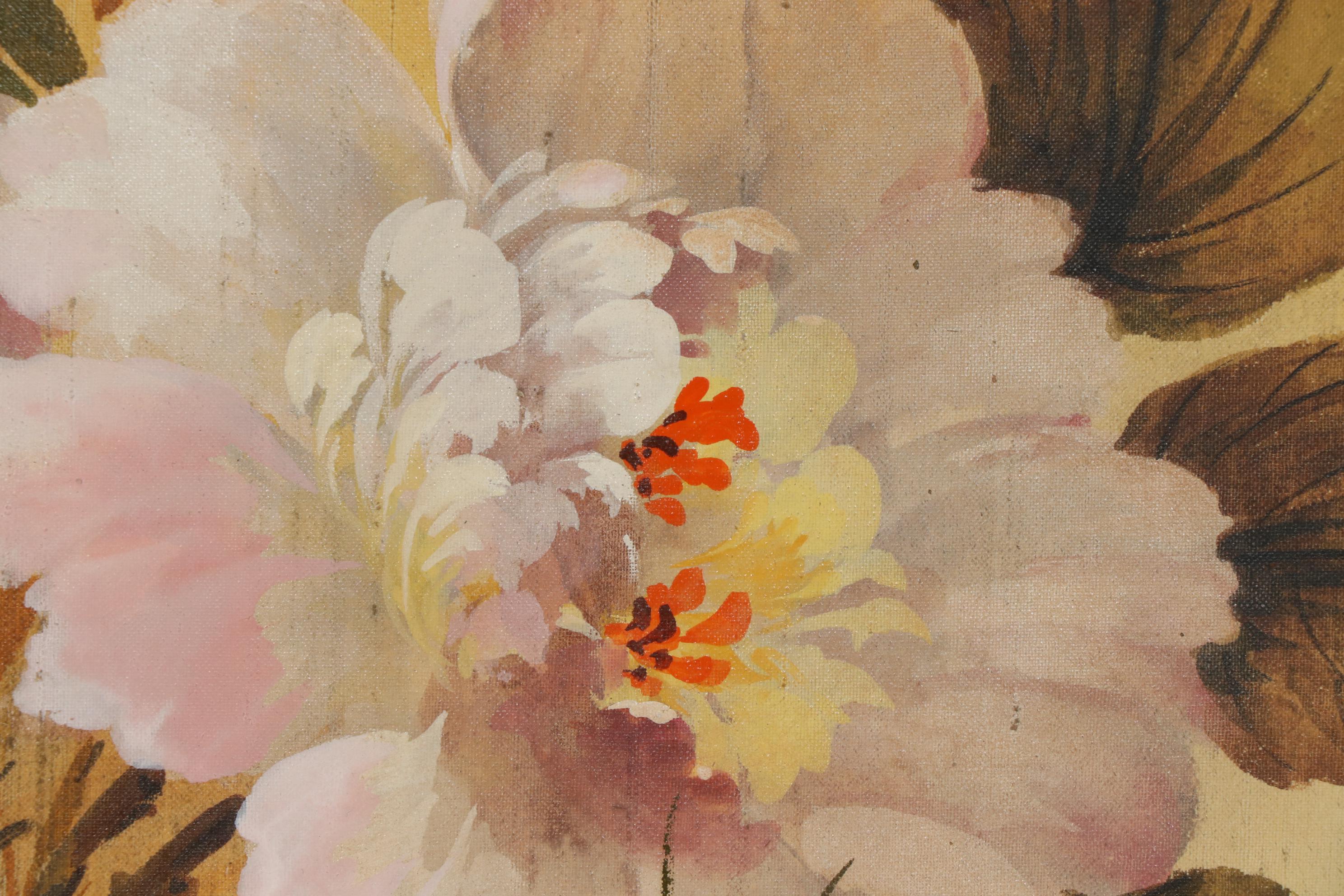 Wah Kee Wu Flowers and Songbirds Oil Painting on Silk, Mid-20th Century
