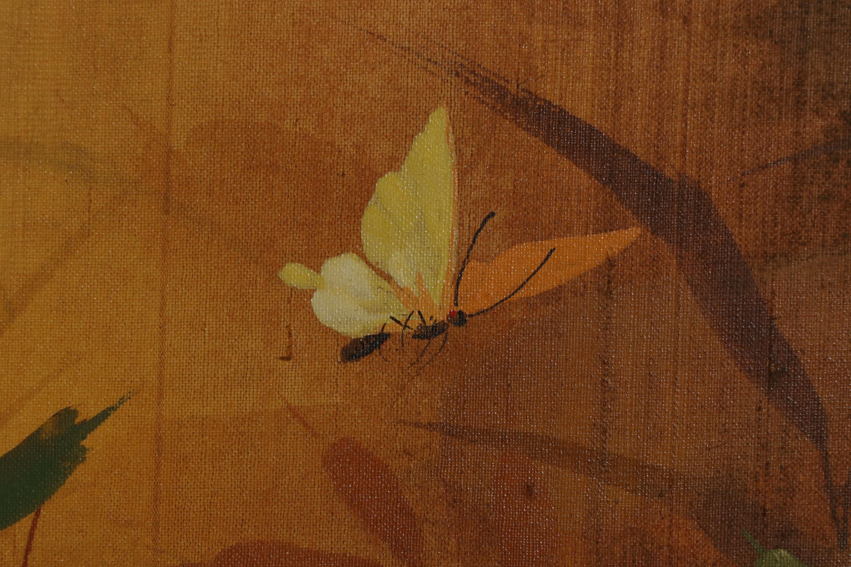 Wah Kee Wu Flowers and Songbirds Oil Painting on Silk, Mid-20th Century