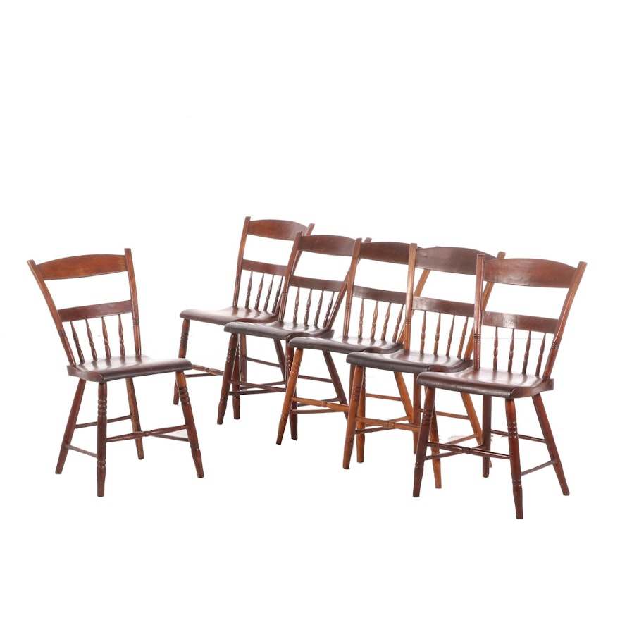 Six American Primitive Half-Spindle, Plank-Bottom Side Chairs, 19th Century