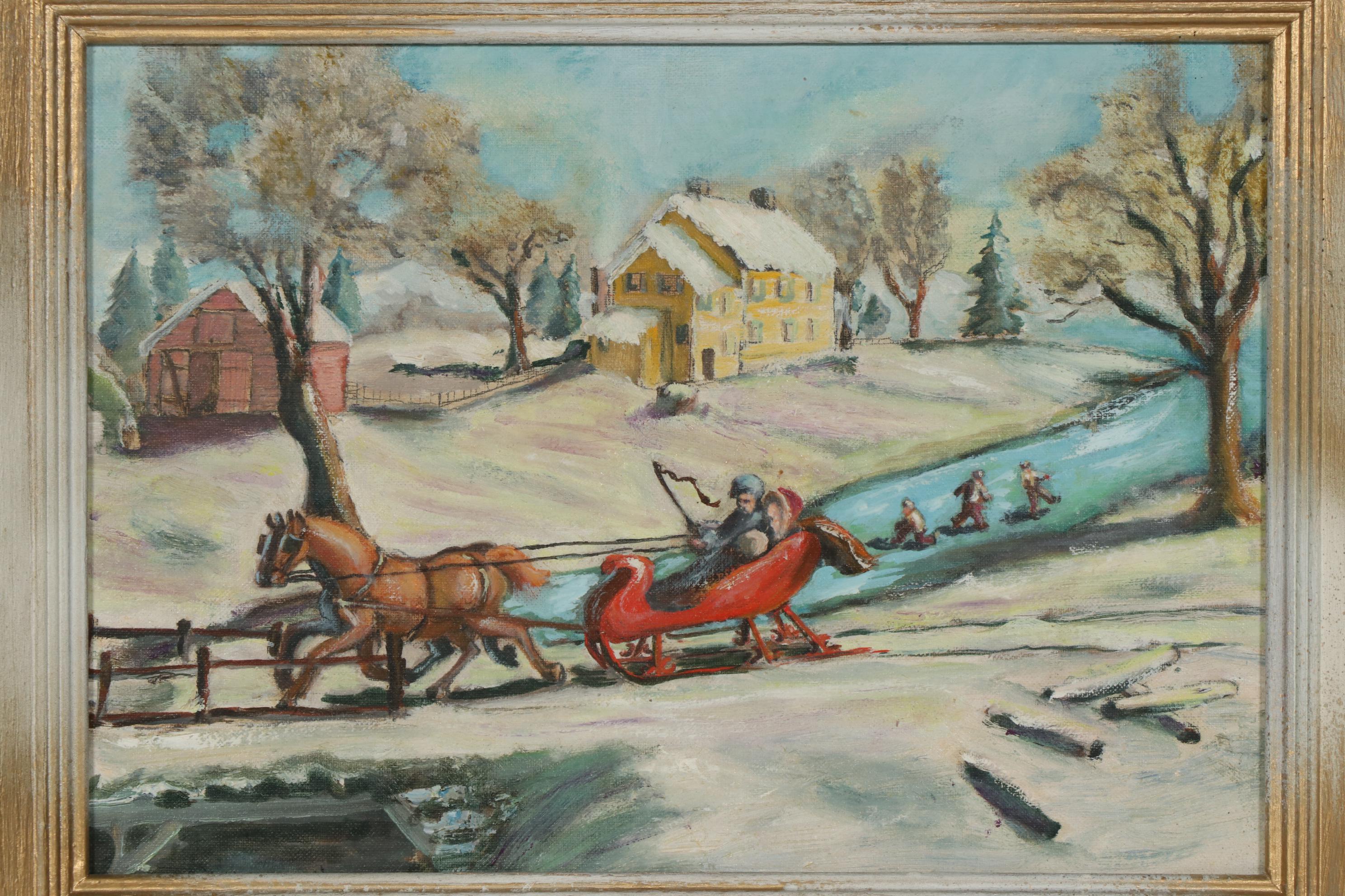 Folk Art Oil Paintings of Winter Farm Scenes, Mid-20th Century