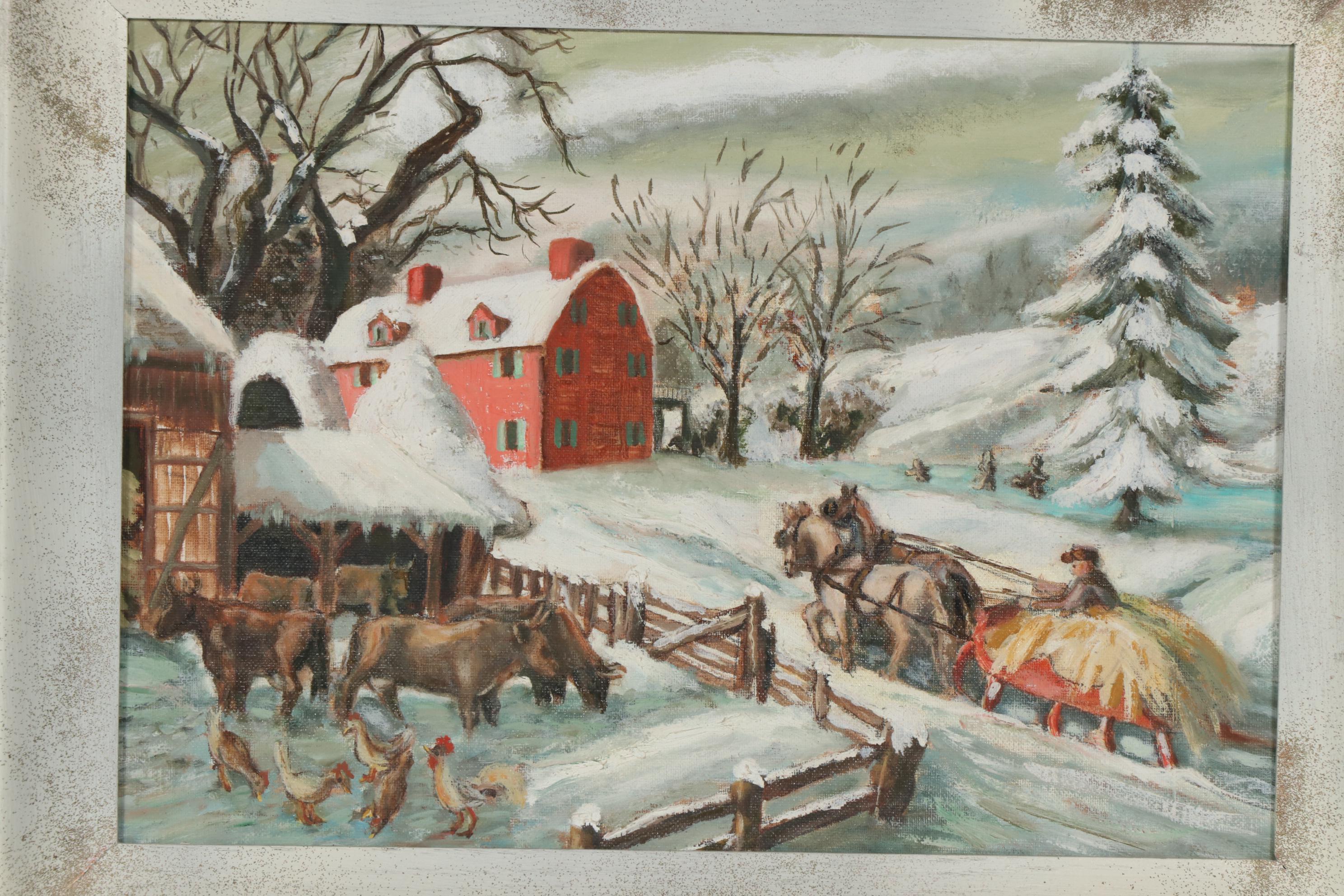 Folk Art Oil Paintings of Winter Farm Scenes, Mid-20th Century