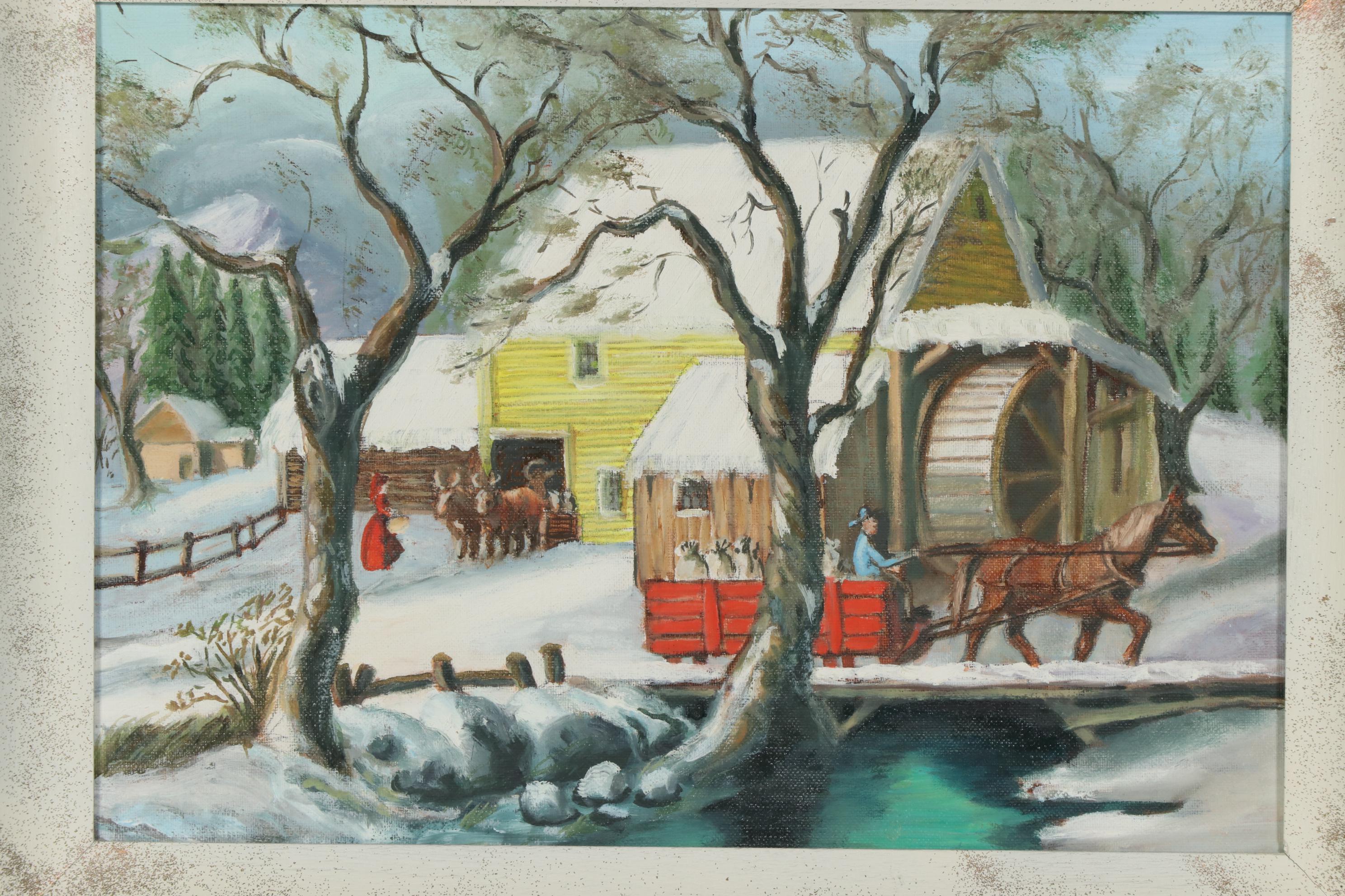 Folk Art Oil Paintings of Winter Farm Scenes, Mid-20th Century