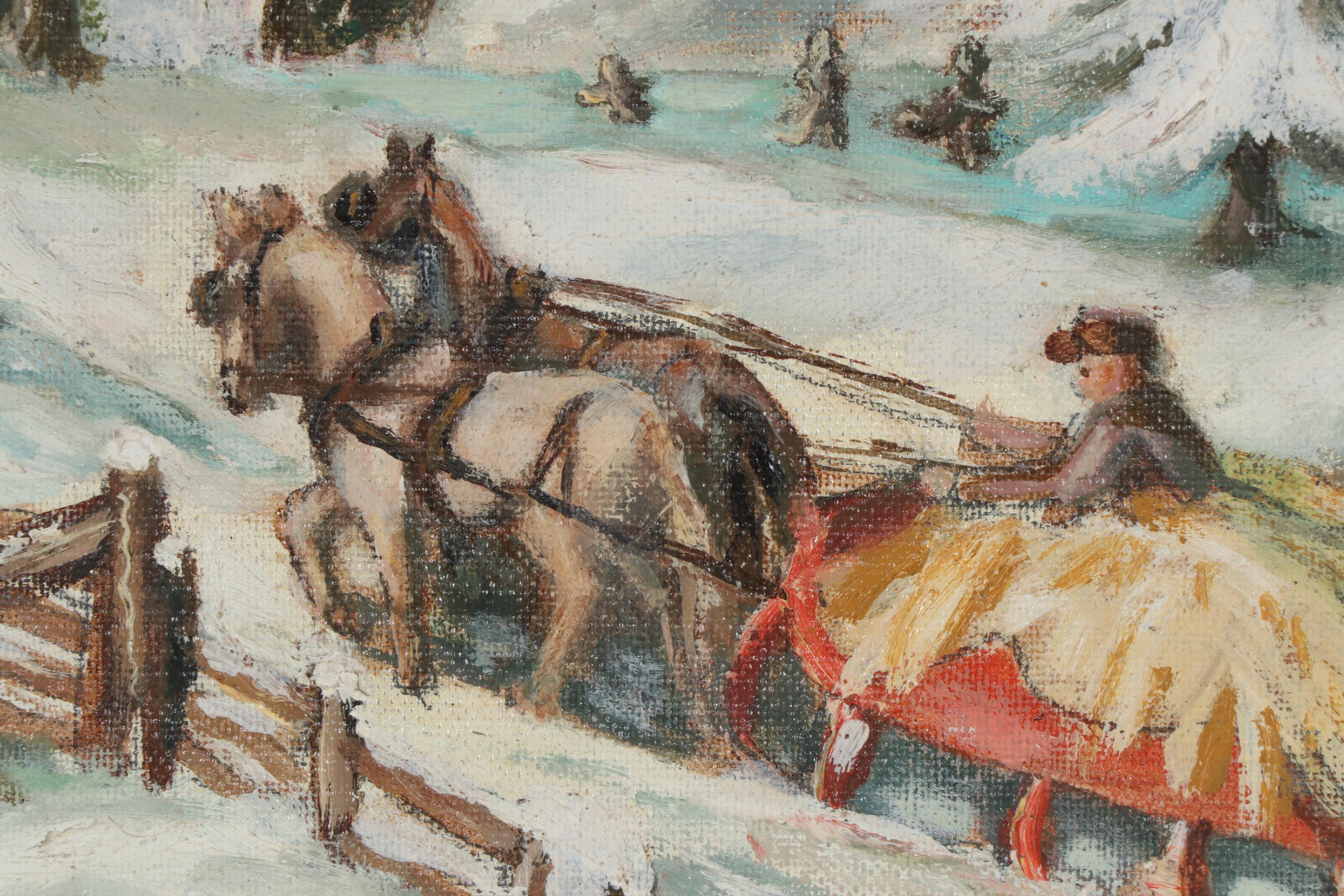 Folk Art Oil Paintings of Winter Farm Scenes, Mid-20th Century