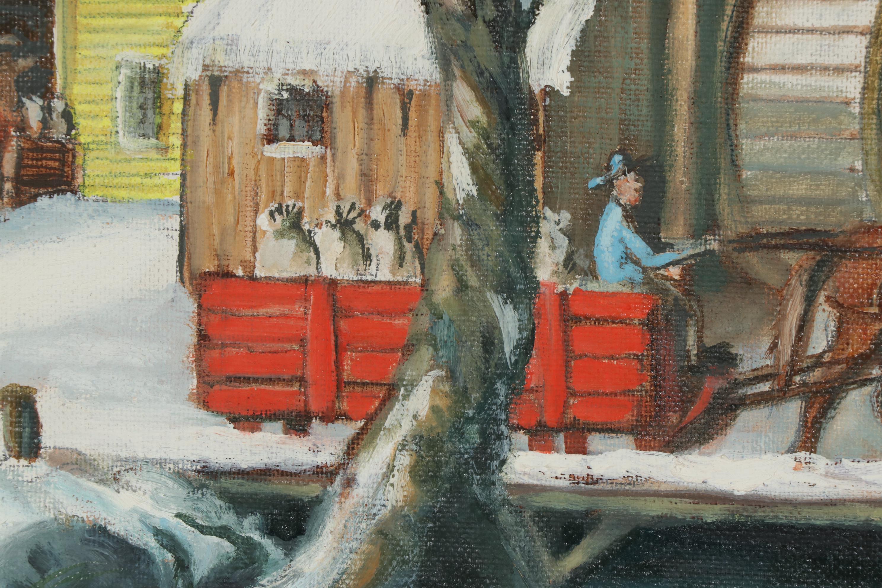 Folk Art Oil Paintings of Winter Farm Scenes, Mid-20th Century