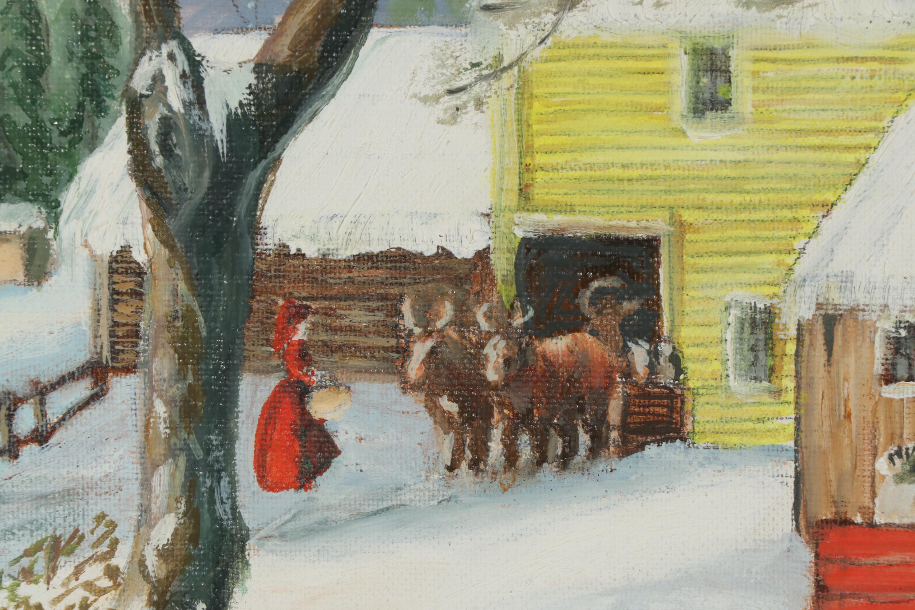Folk Art Oil Paintings of Winter Farm Scenes, Mid-20th Century