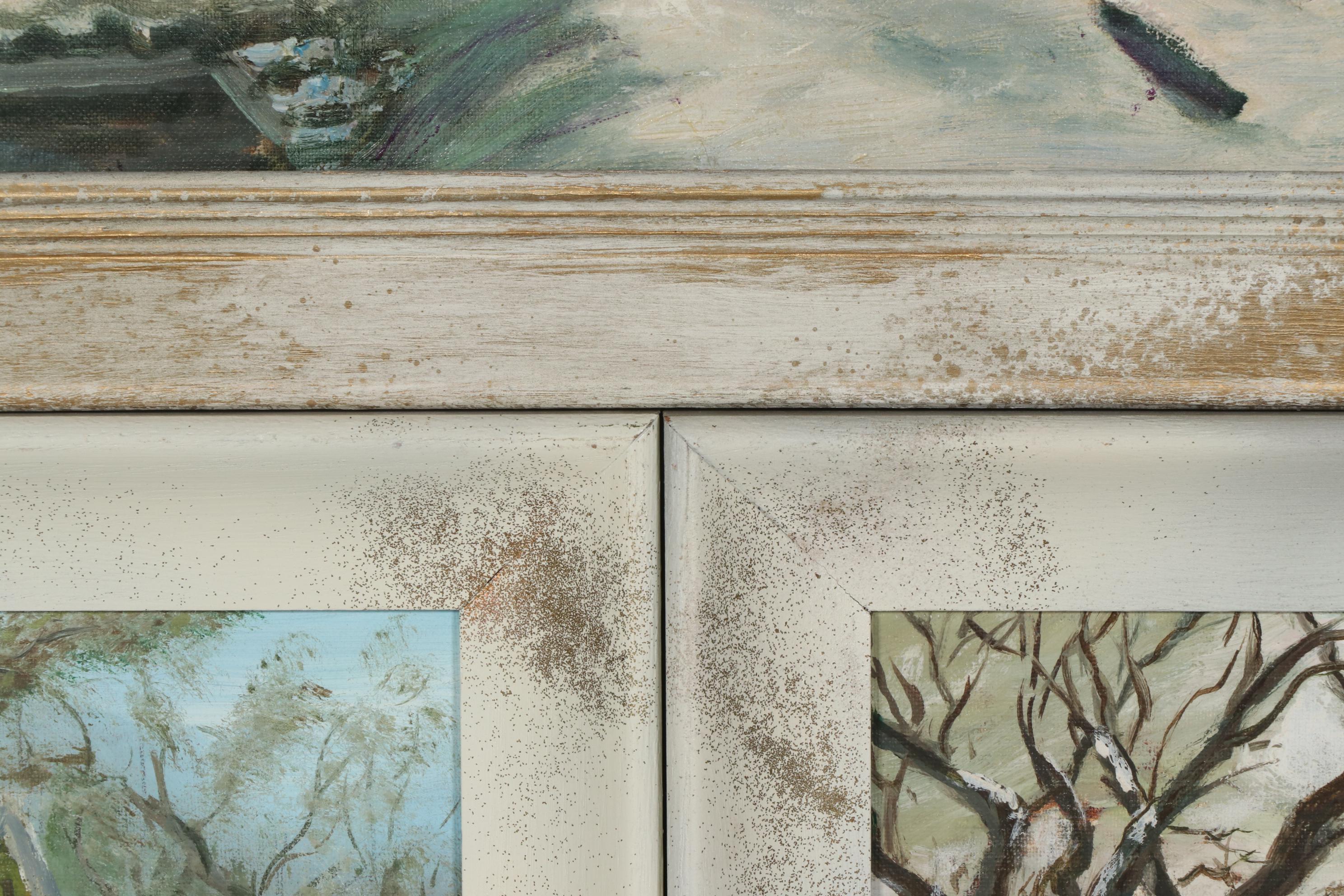 Folk Art Oil Paintings of Winter Farm Scenes, Mid-20th Century