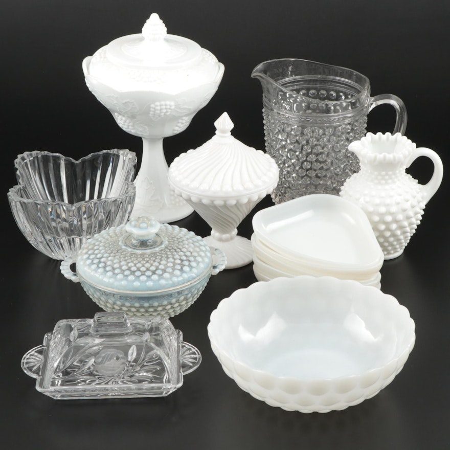 Clear and Milk Glass Compotes, Pitchers, and Table Accessories