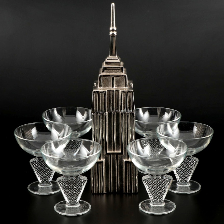 Metal Empire State Building Shaker and Cocktail Glasses