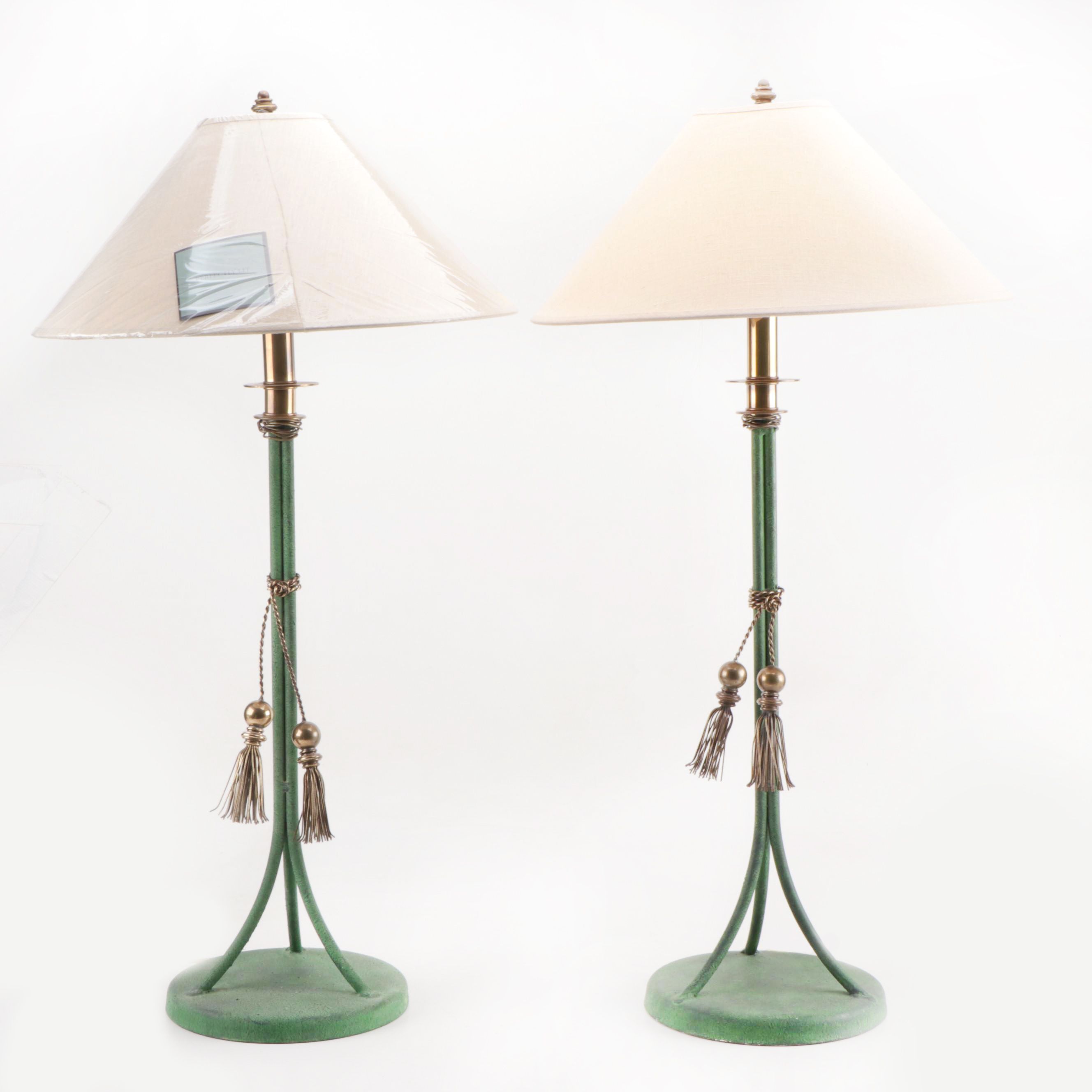 Pair of Hart Associates Patinated Brass Buffet Lamps with Fabric Shades
