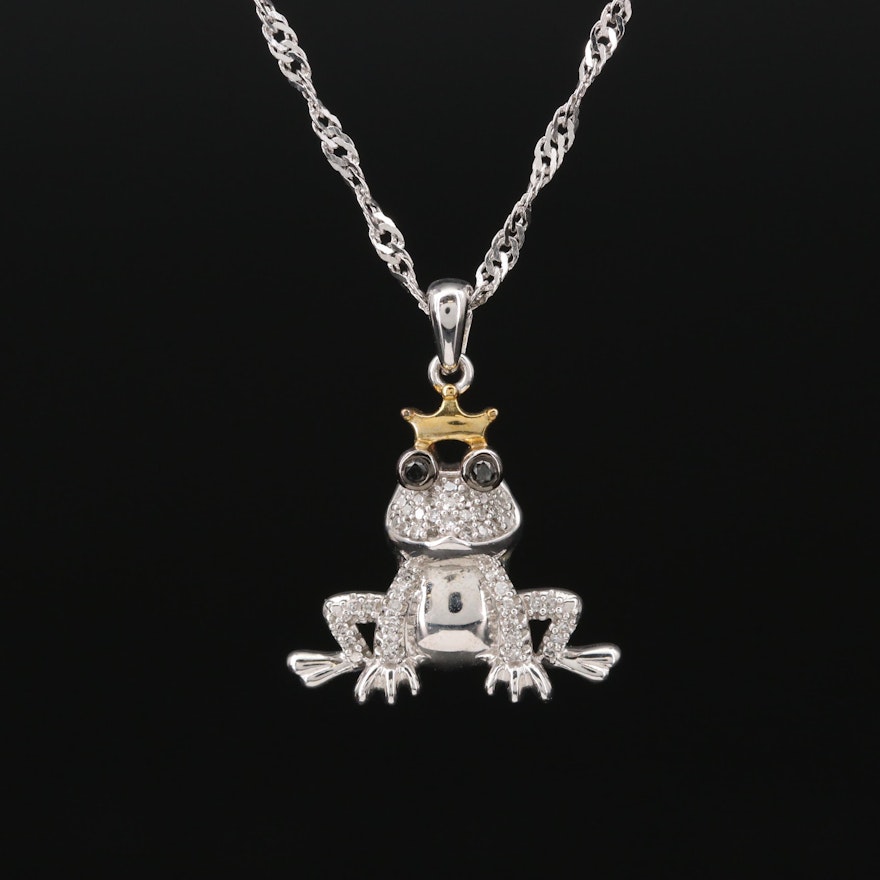 Sterling Black Diamond and Diamond Frog Prince Pendant Necklace