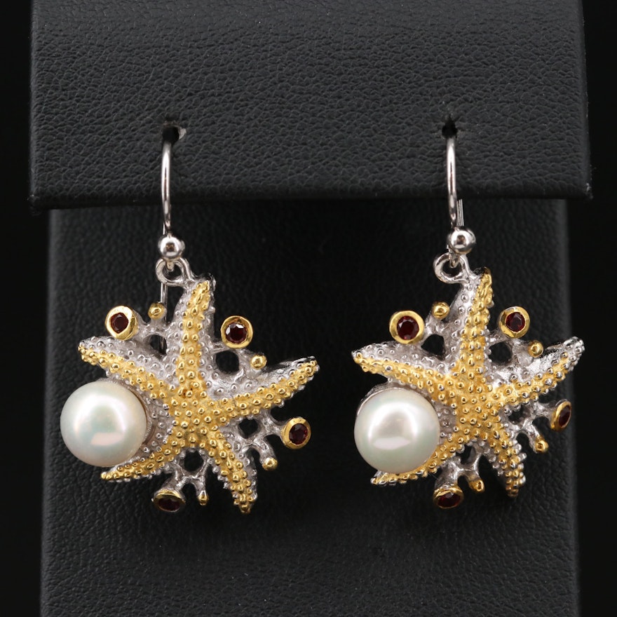 Sterling Silver Cultured Pearl and Garnet Starfish Earrings