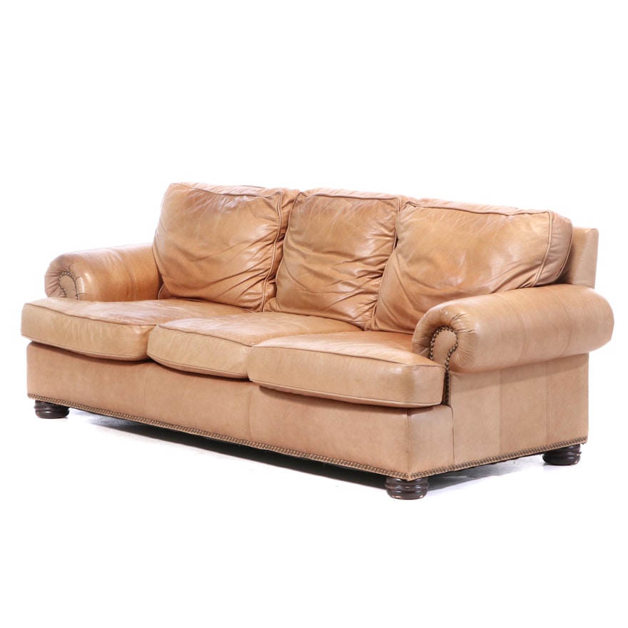 Bernhardt Rolled Arm Leather Sofa with Nail Tack Detailing, Late 20th Century