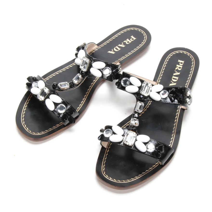 Prada Embellished Black Saffiano Patent Leather Sandals