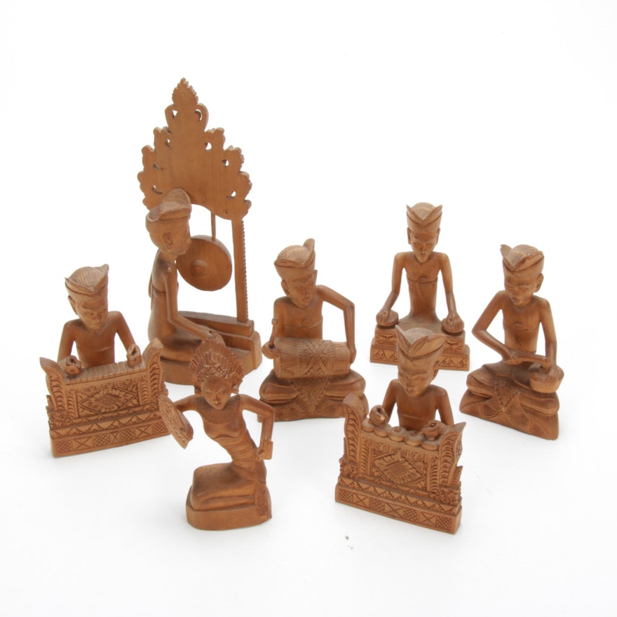 Balinese Styled Musician and Performer Carved Wood Figurines