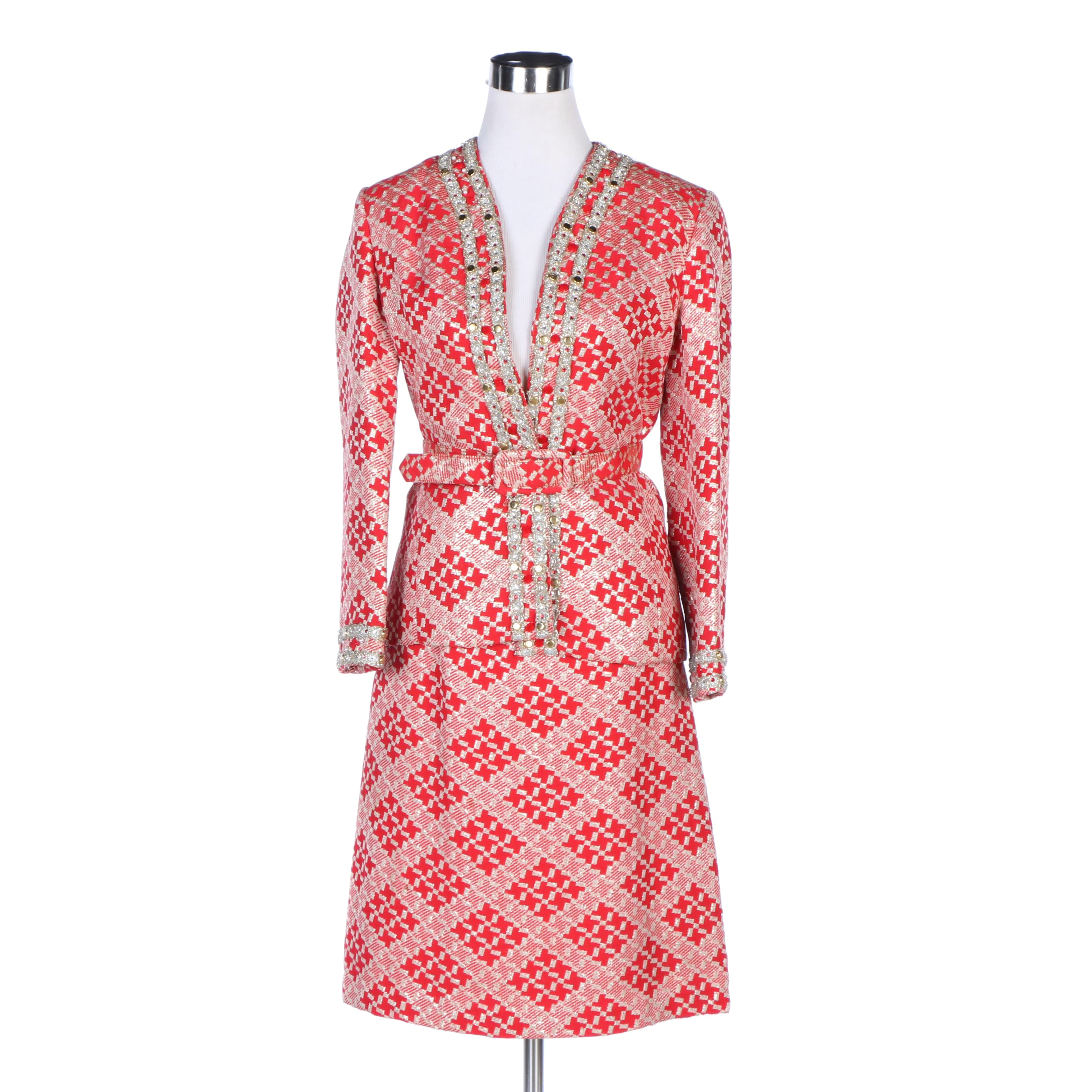 Morton Myles for Malcolm Charles Metallic Check Brocade Skirt Suit, Vintage