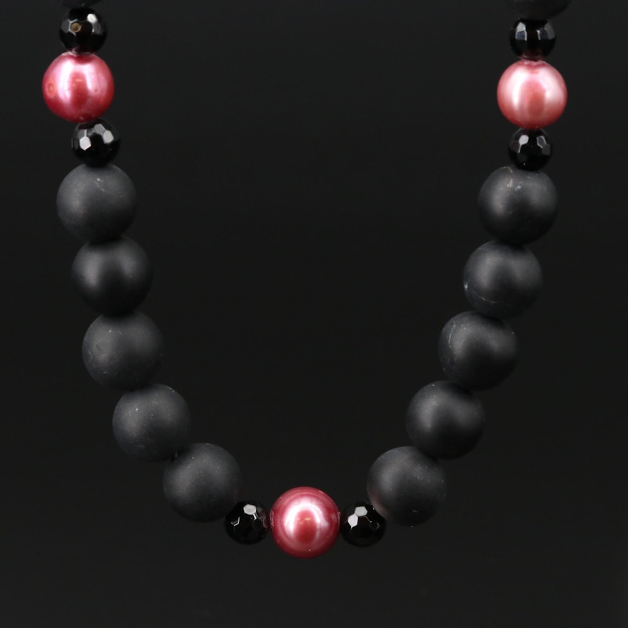 Black Onyx and Pearl Necklace with 14K Clasp