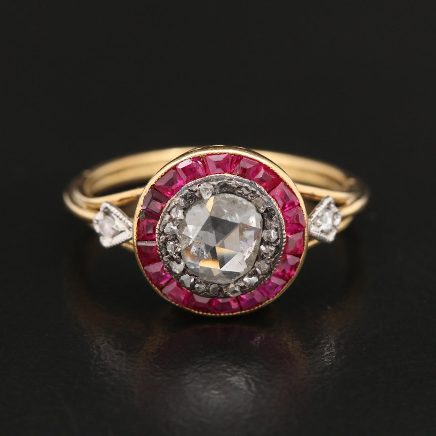 Vintage 18K Gold Diamond and Ruby Ring with Sterling and Platinum Accents