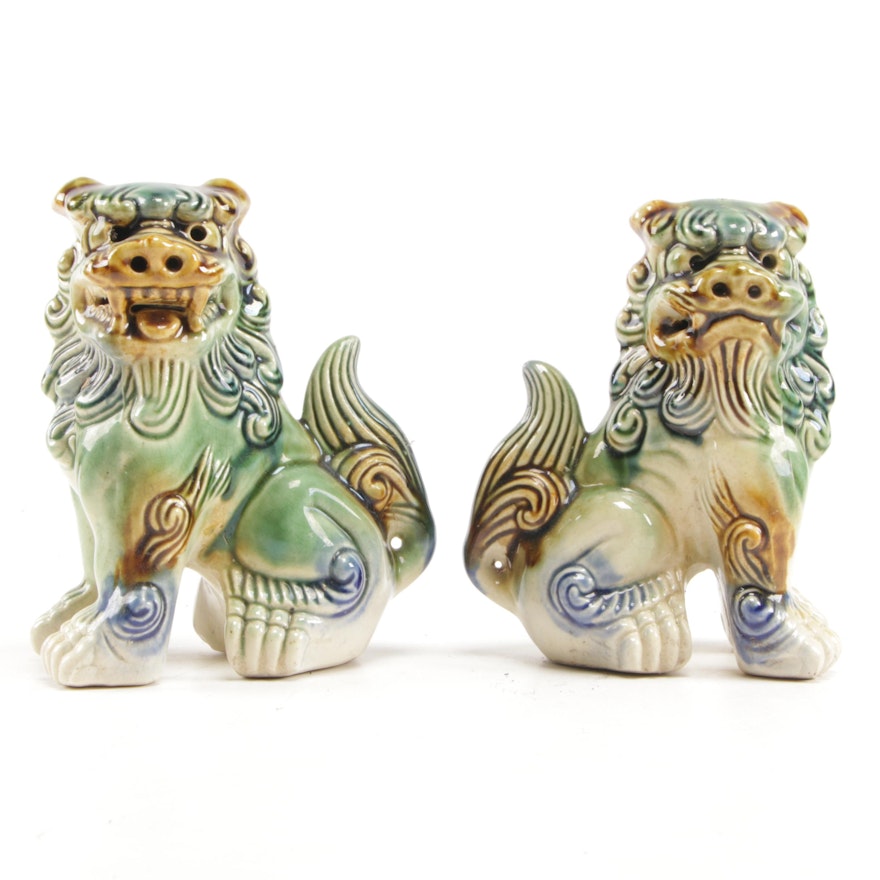Chinese Majolica Style Glazed Ceramic Guardian Lion Figurines