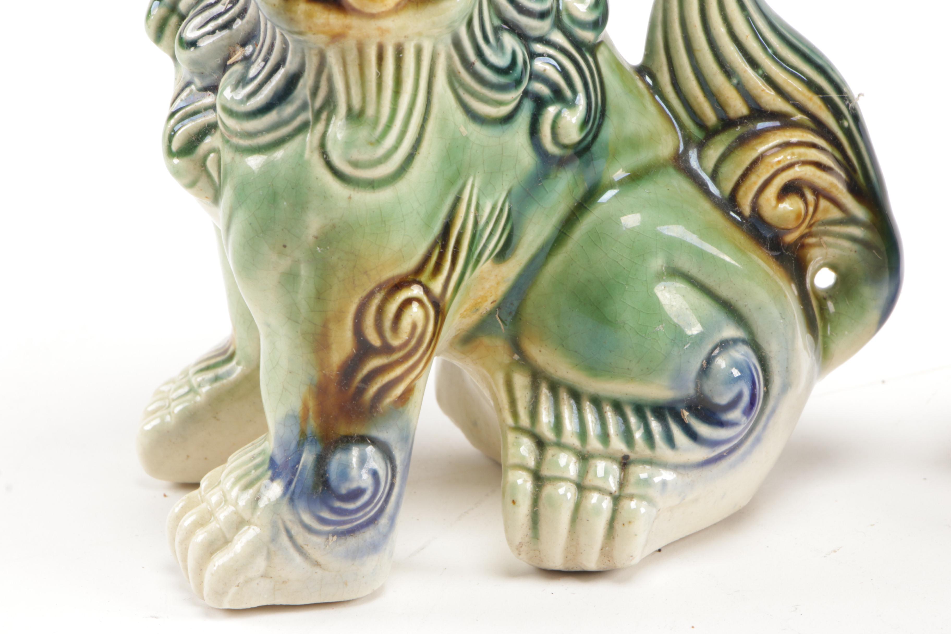 Chinese Majolica Style Glazed Ceramic Guardian Lion Figurines