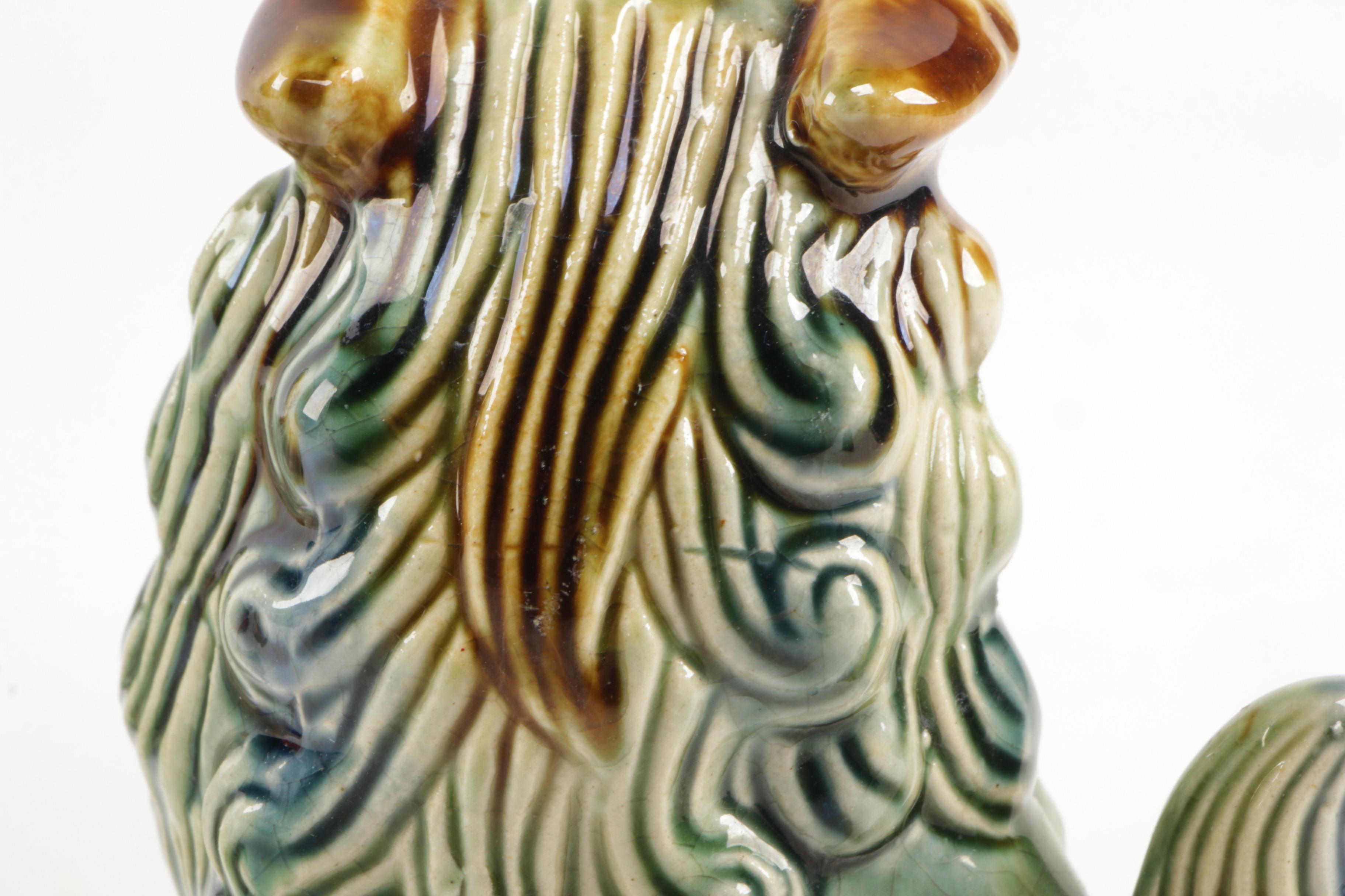 Chinese Majolica Style Glazed Ceramic Guardian Lion Figurines