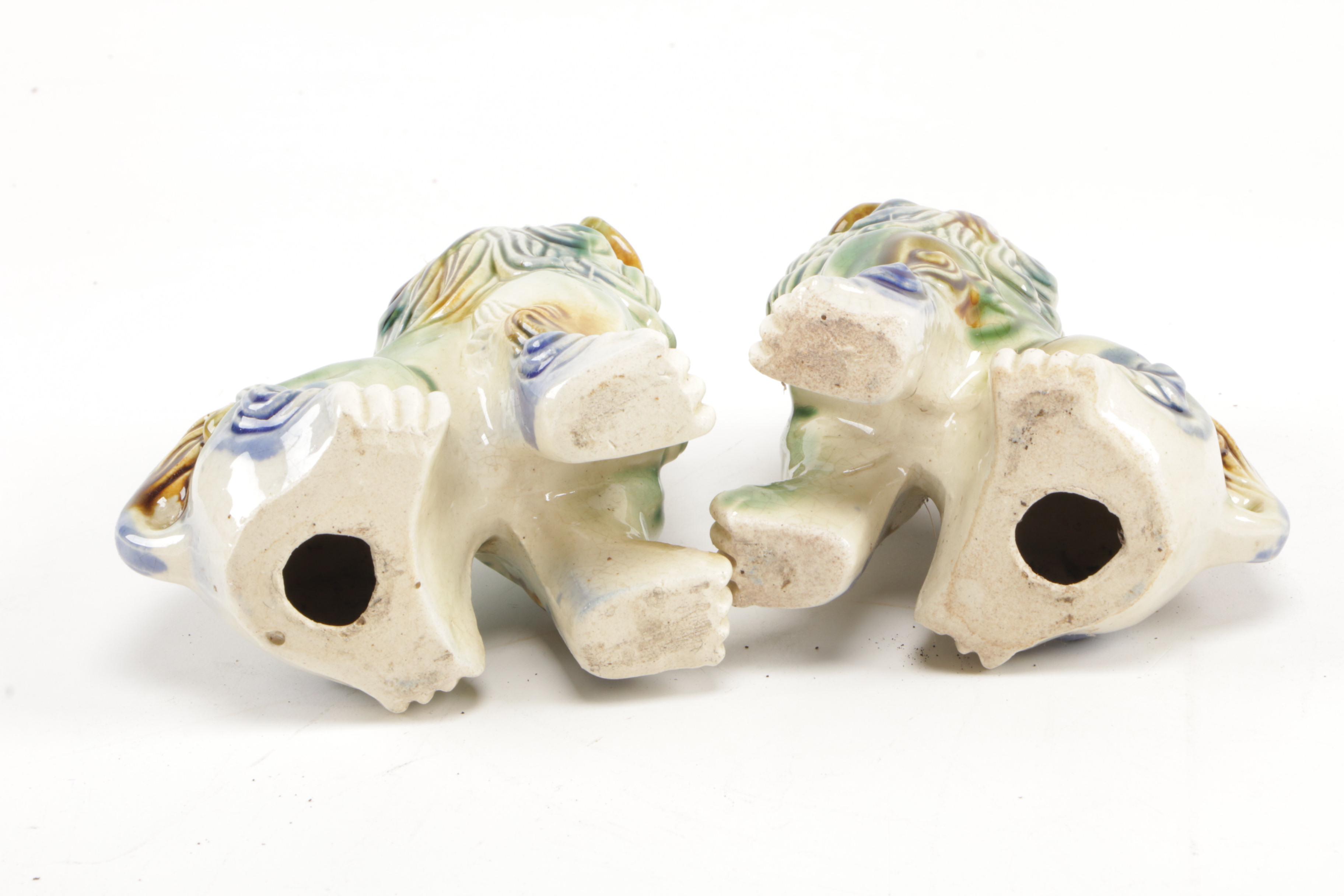Chinese Majolica Style Glazed Ceramic Guardian Lion Figurines