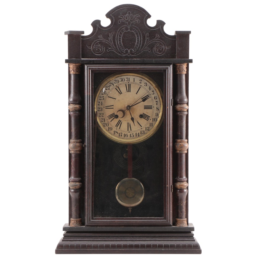 American Victorian Split Baluster Shelf Clock with Calendar Dial, Late 19th C.