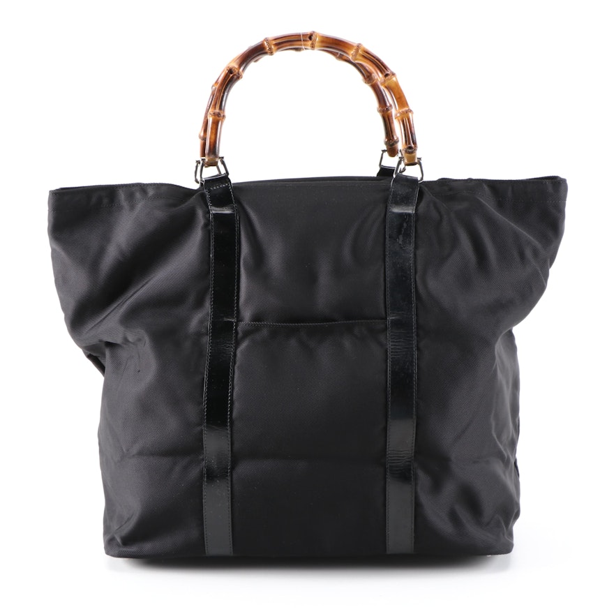 Gucci Bamboo Shopping Tote in Black Nylon and Patent Leather