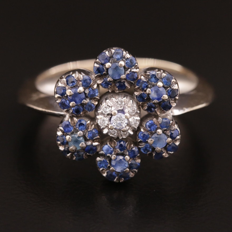 18K Diamond and Blue Sapphire Ring With Flower Design