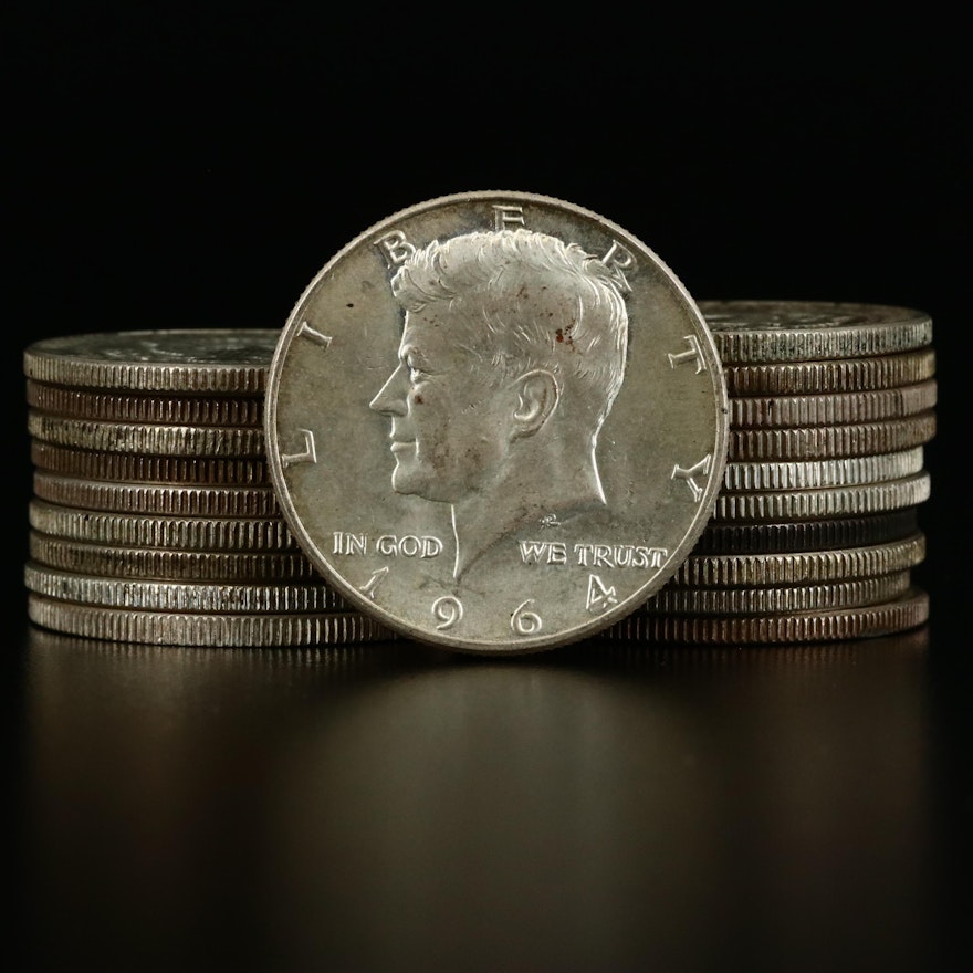 Roll of Lightly Circulated 1964-D Kennedy Silver Half Dollars