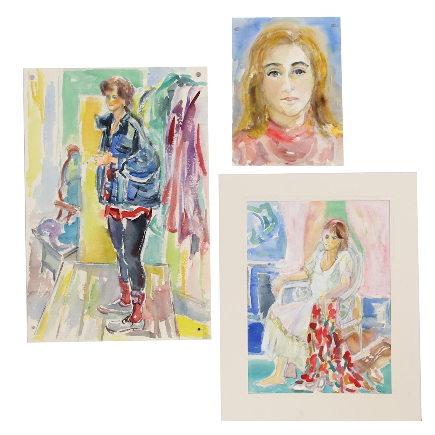 Yolanda Fusco Embellished Watercolor Paintings, Late 20th Century