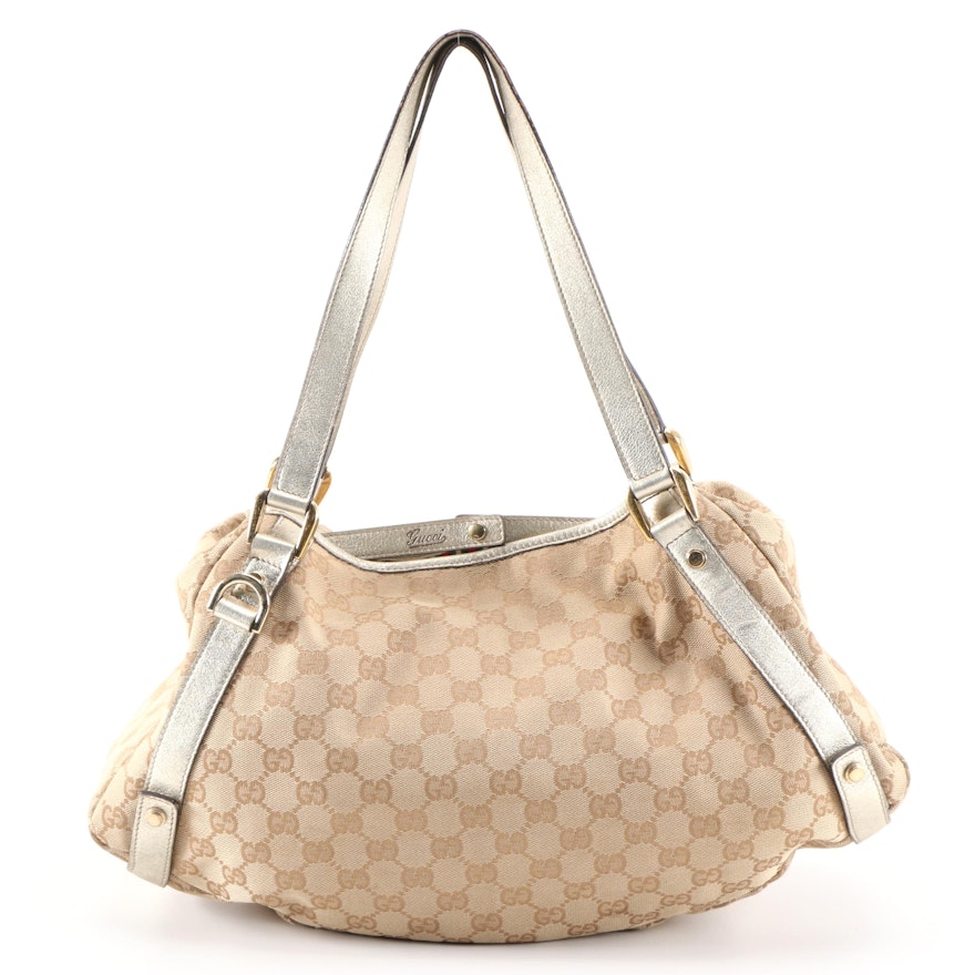 Gucci Medium Abbey D-Ring Tote Bag in GG Canvas and Metallic Leather