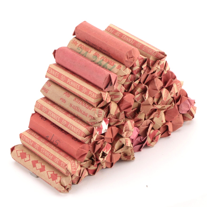 Fifty Rolls of Lincoln Wheat Cents from the 1940s and 1950s