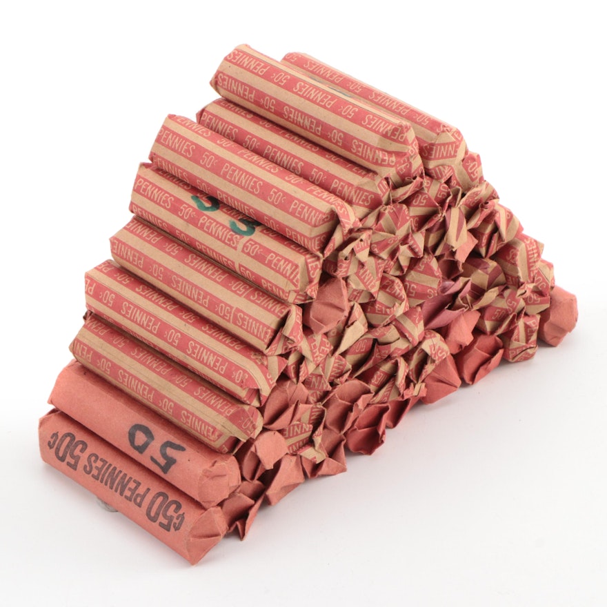 Fifty Rolls of Lincoln Wheat Cents from the 1940s and 1950s