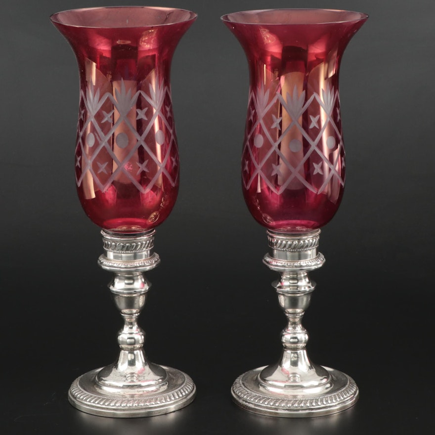 Arrowsmith Sterling Silver and Ruby Flashed Glass Candlesticks