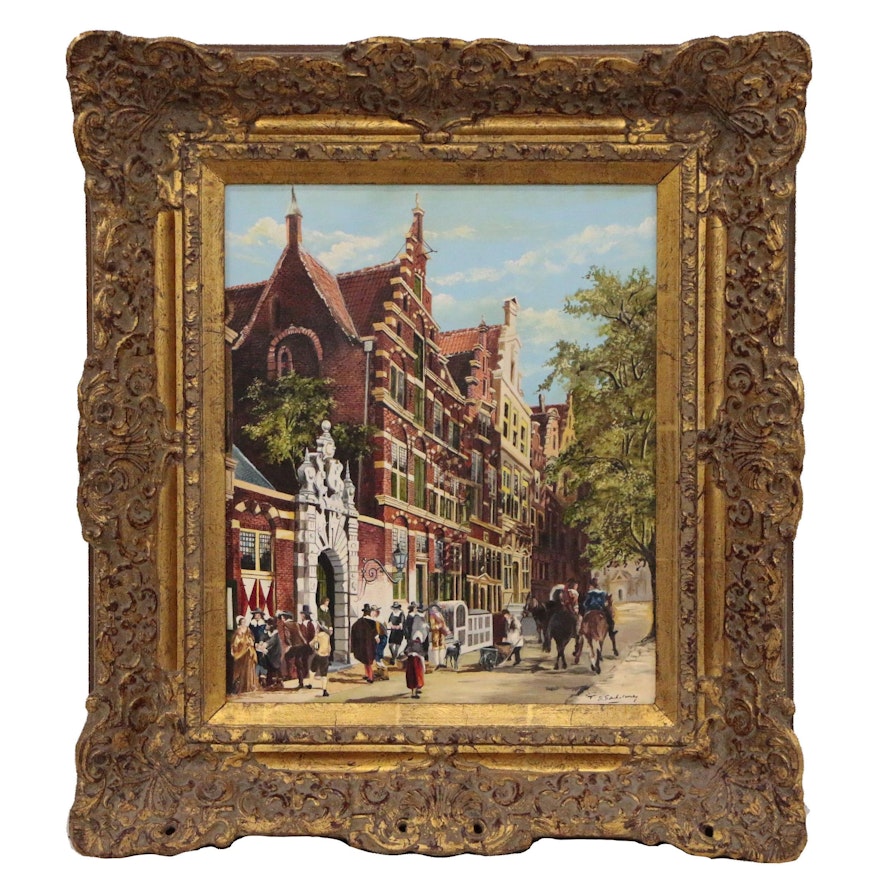 Dutch Style Street Scene Oil Painting, Mid-Late 20th Century