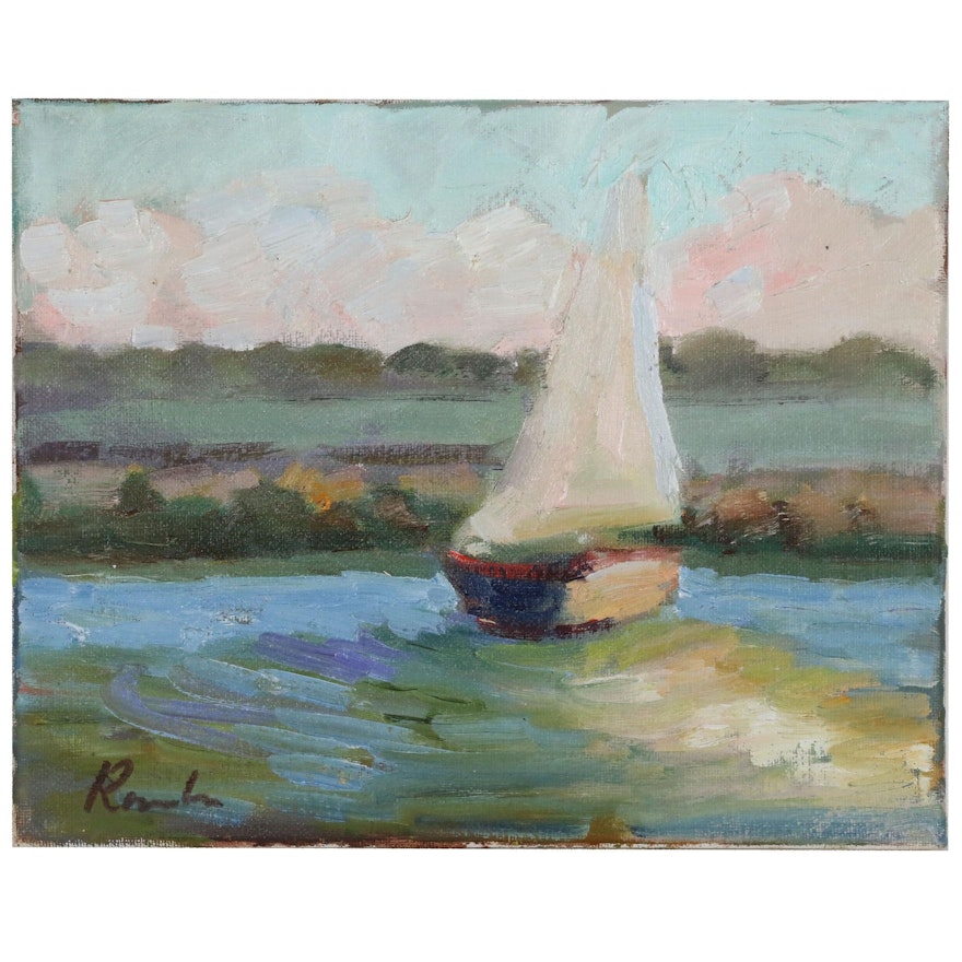 Sally Rosenbaum Oil Painting of a Sailboat, 21st Century