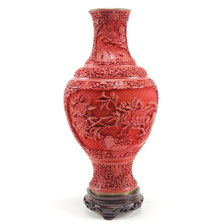 Chinese Faux Cinnabar Vase with Wooden Stand, Mid-20th Century