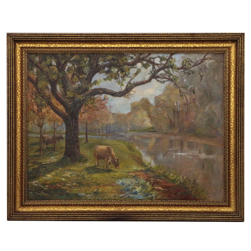 Carlton C. Fowler Impressionist Style Oil Painting with Cows, Early 20th Century